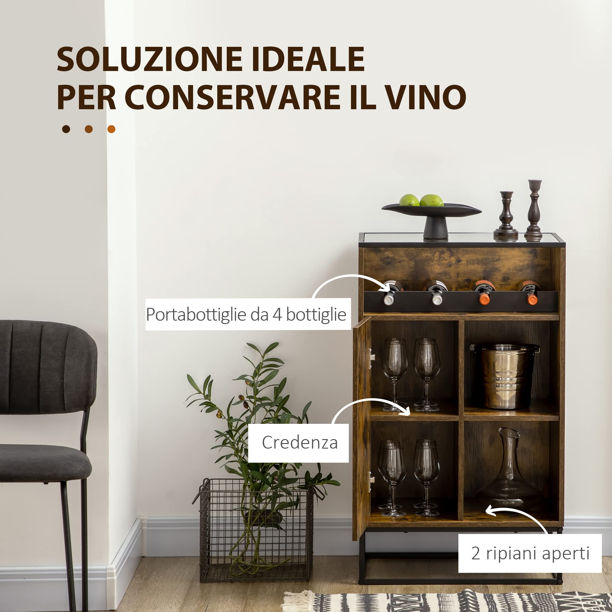 HOMCOM Mobile Multiuso da Salotto con Portabottiglie, Vani Aperti e Armadietto, Mobiletto Porta Vini Stile Industriale, 60x40x100cm, Marrone