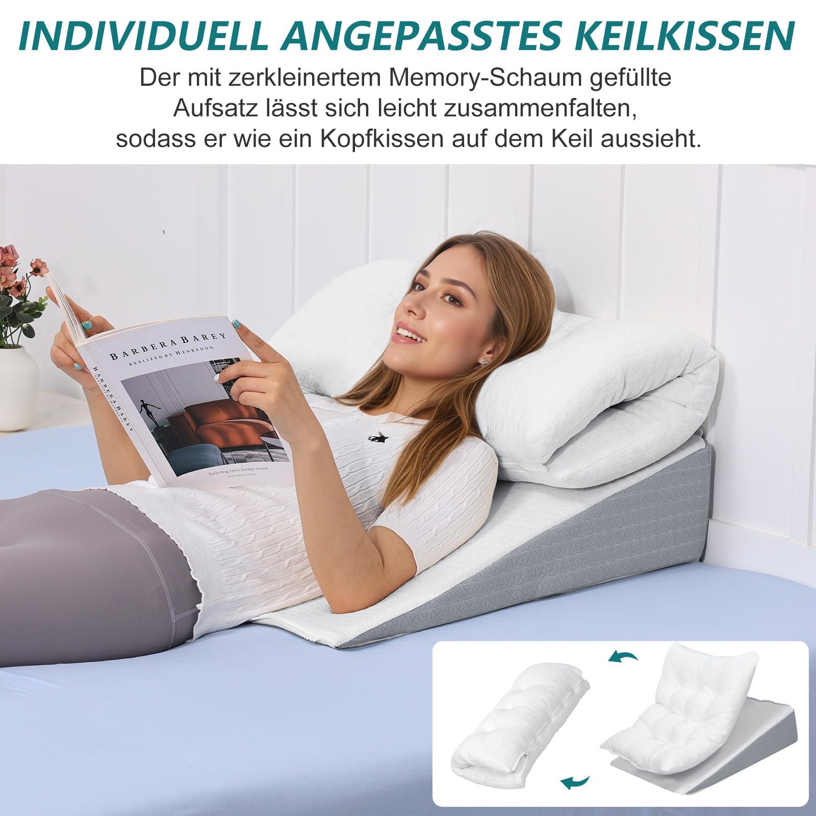 GOFORIT Keilkissen für Bett & Sofa, Individuell anpassbare Memory-Schaum-Auflage, Matratzenkeil, Groß Lesekissen zur Schlaferhöhung Rückenkissen als Bettkopfteil, Rückenstützkissen, 60x60x19