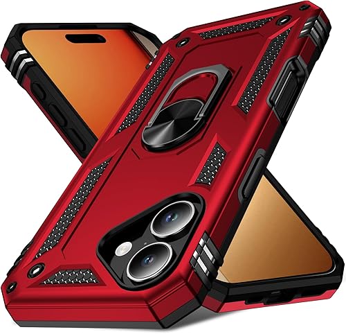 Vista 22 de Korecase Compatible con iPhone 11 Funda Resistente de 2 Capas Cuerpo Completo a Prueba de Golpes con Soporte de Anillo de Metal Rojo