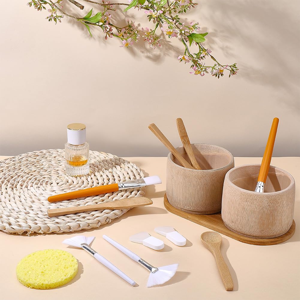 WEBEEDY 15 pezzi in bambù per estetista comprendente ciotole per maschere, spazzole a ventaglio, spazzole piatte per viso, spatole per maschere, spugne per viso e cucchiai, set di ciotole maschere