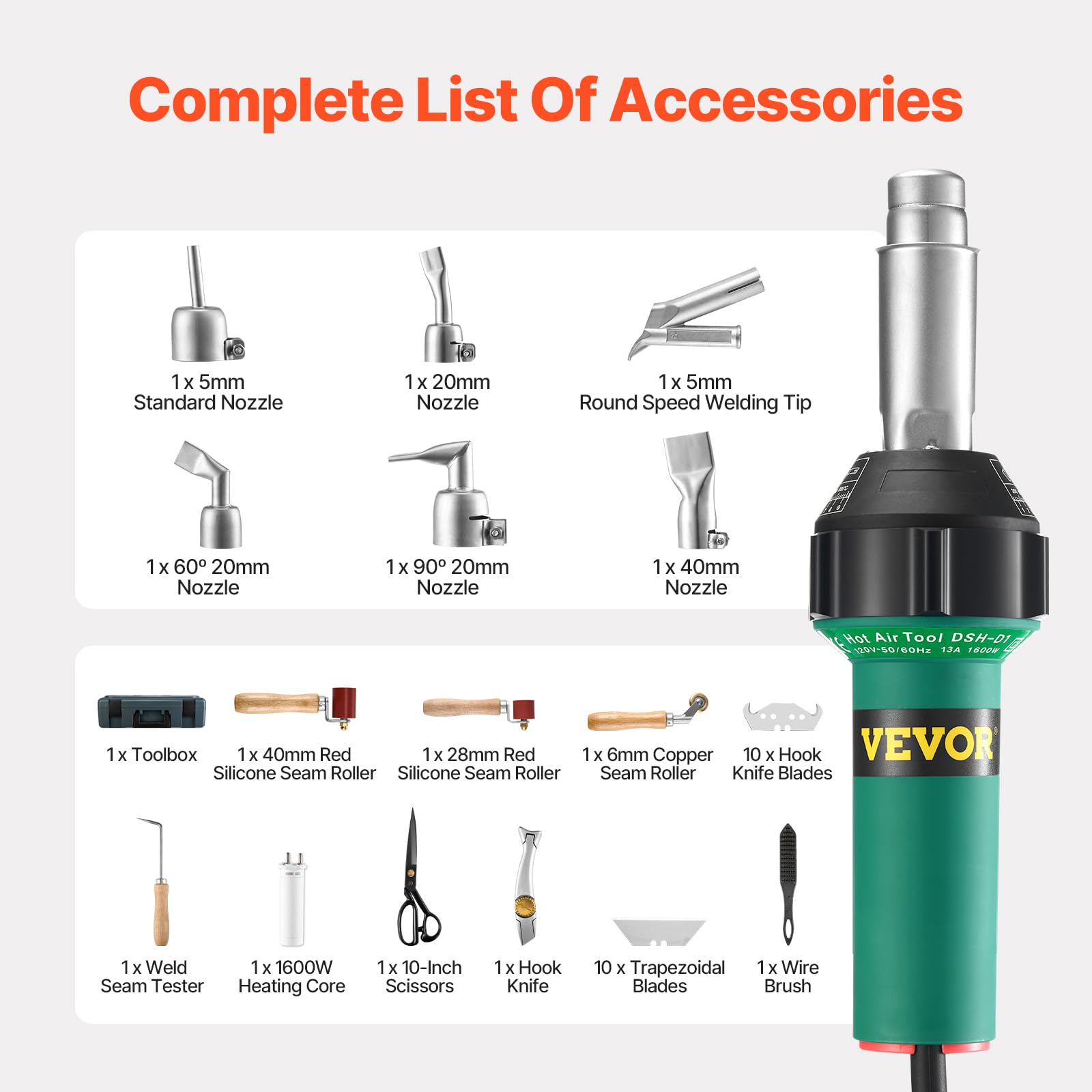 VEVOR Soudeur en plastique à air chaud, pistolet à air chaud de 1600 W, 50 à 600 °C en PVC TPO vinyle pour soudage de toiture en plastique avec 17 accessoires, boîte à outils, buse, rouleau, lames