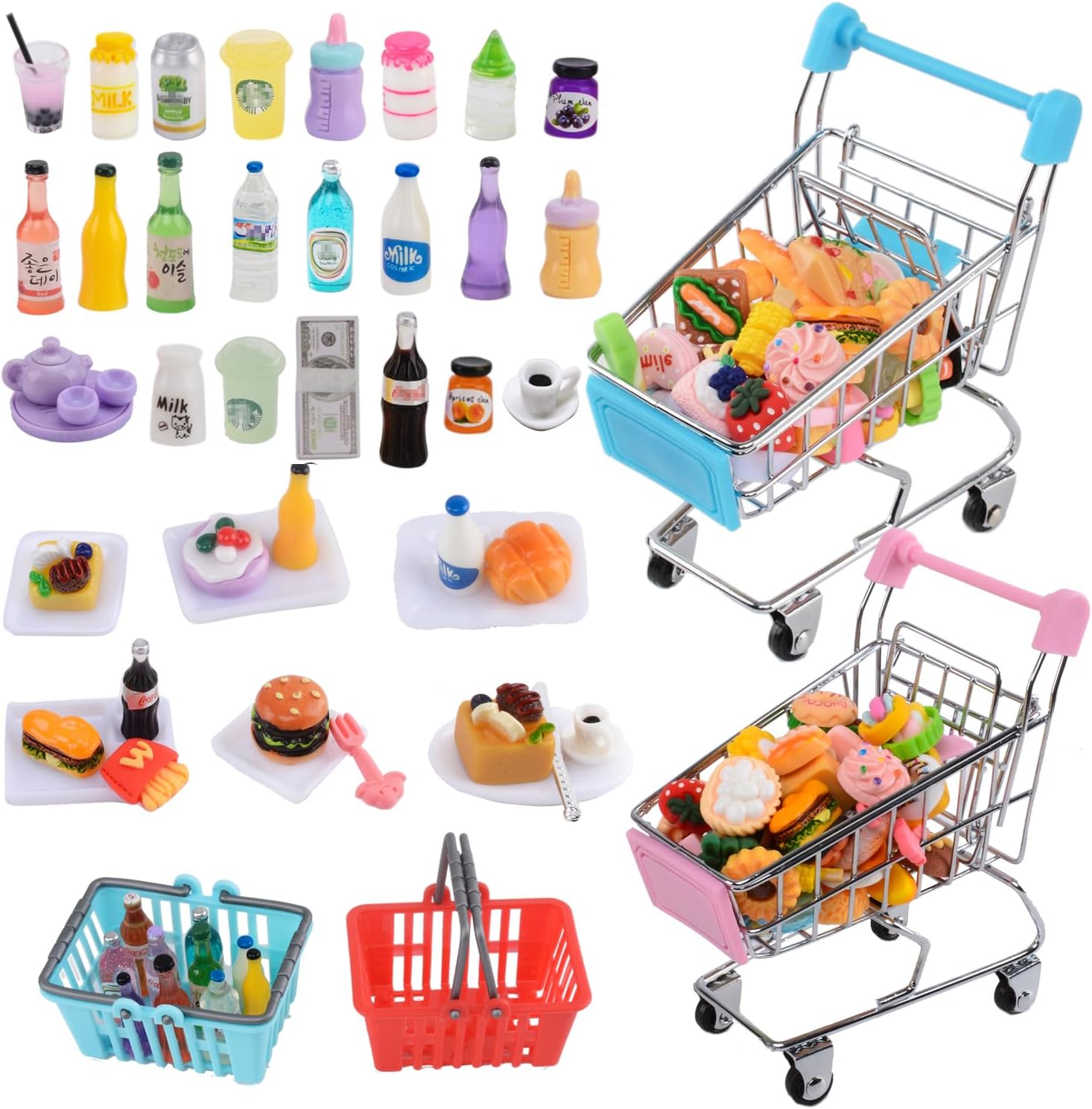 U-Zimikee 150 Pcs Mini Shopping Cart Basket Miniature Food Drink Bottles Supermarket Metal Handcart Toys Shopping Cart for Kids Mini Food Toys Dollhouse Grocery Store Pretend Play Model Dollar Bill