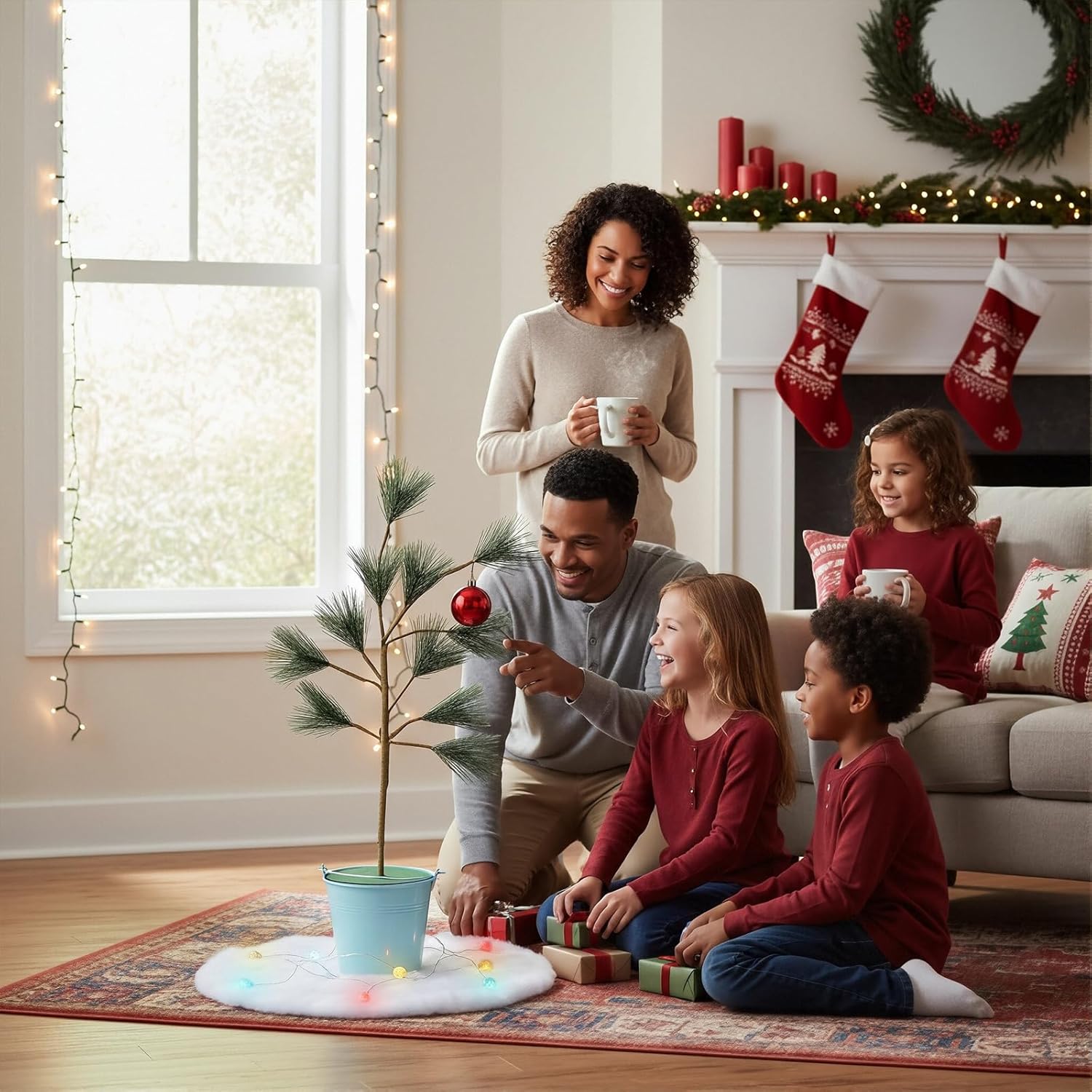 Bokon 24-inch Brown Christmas Tree Tabletop Christmas Tree Decor with Blue Iron Bucket Classic Red Balls Colorful Lights Snow Cotton Xmas Spirit Minimalist Style Cute for Party Gifts