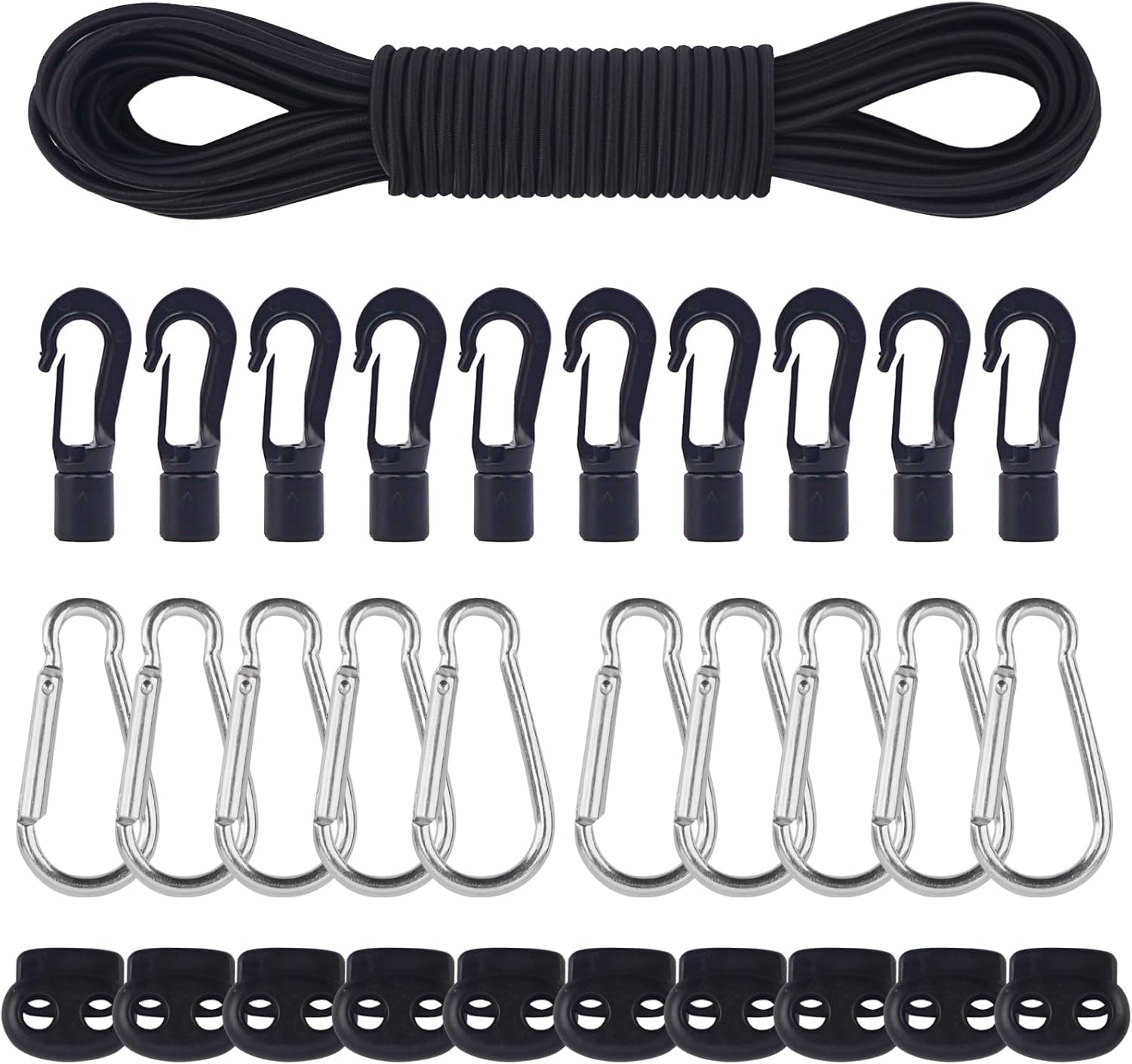 20 m Elastic Rope 5 mm Elastic Cord Elastic Cord Black Elastic Cord Tension Rope with 10 Cord Lock 10 Plastic Hooks 10 Carabiners for Canvas Camping Kayak Shoes Backpack