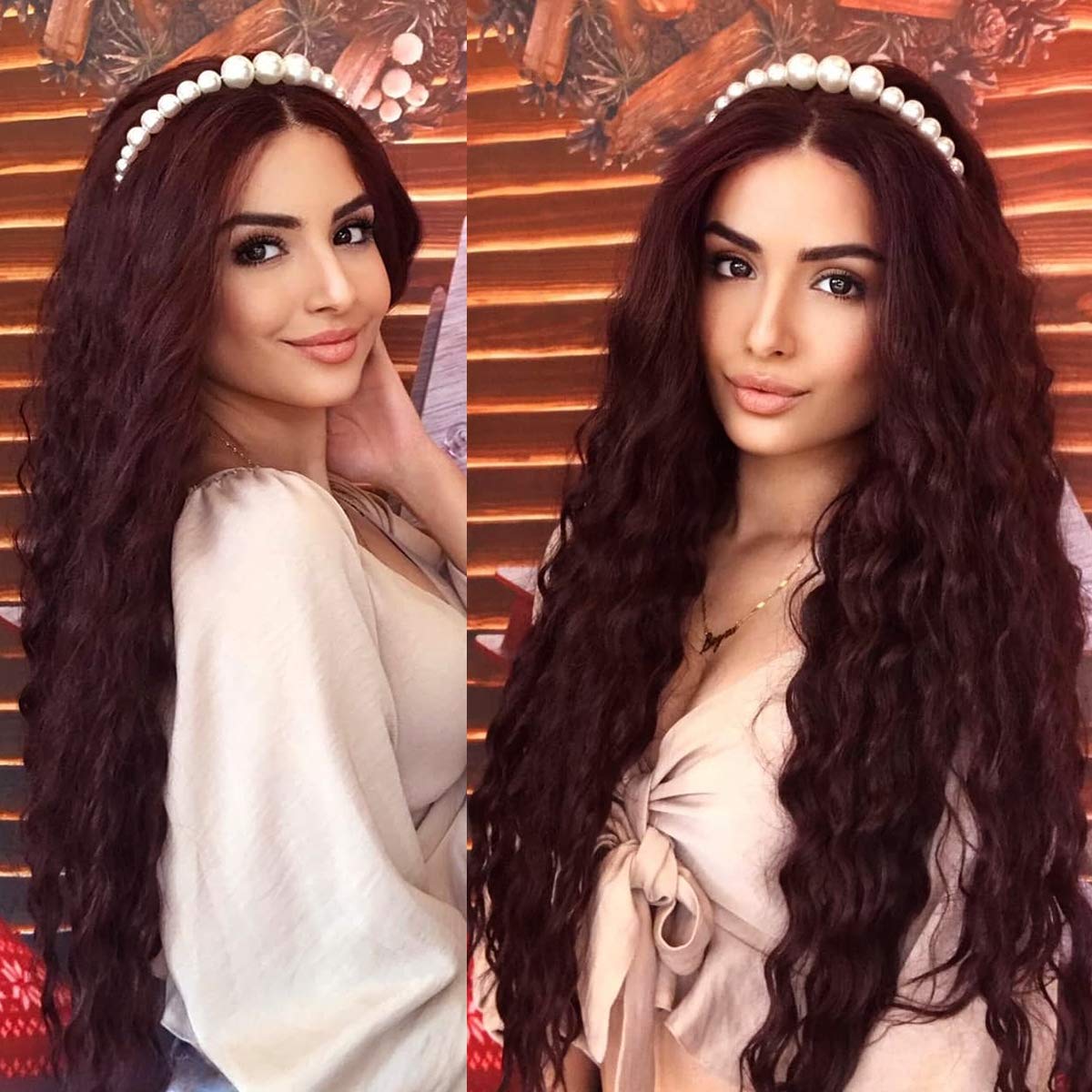 K'ryssma 99j Wavy Curly Lace Front Wig Deep Middle Part Long Synthetic Wigs 130% Density fluffy Curly Burgundy Wig for Women 22 inches
