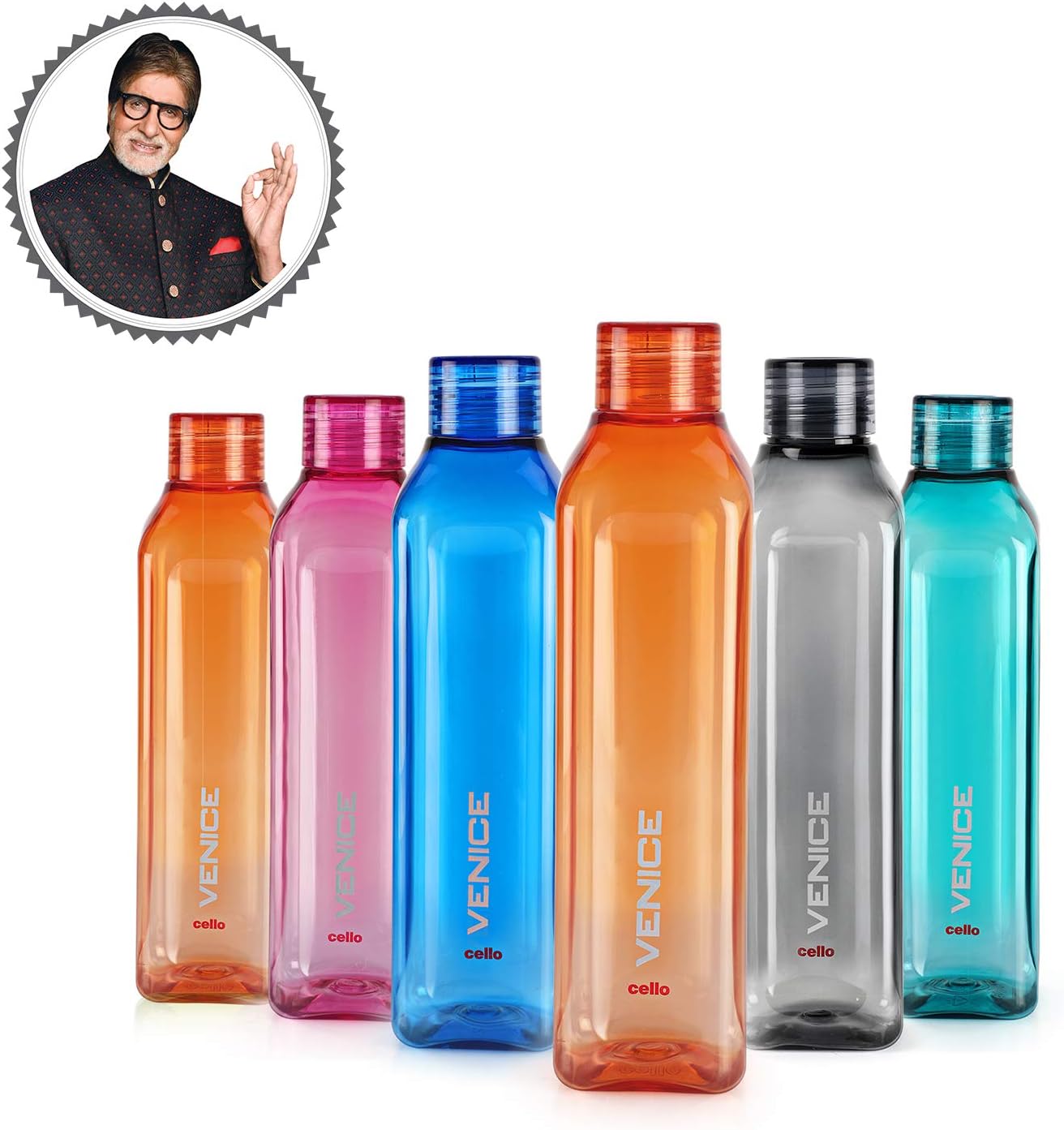 Cello Venice Plastic Water Bottle Set, 1 Litre, Set of 6, Assorted