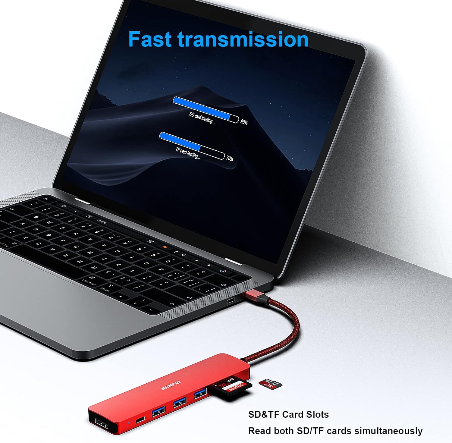 The BENFEI USB-C Hub with SD and TF cards inserted, showing fast data transmission for memory cards.