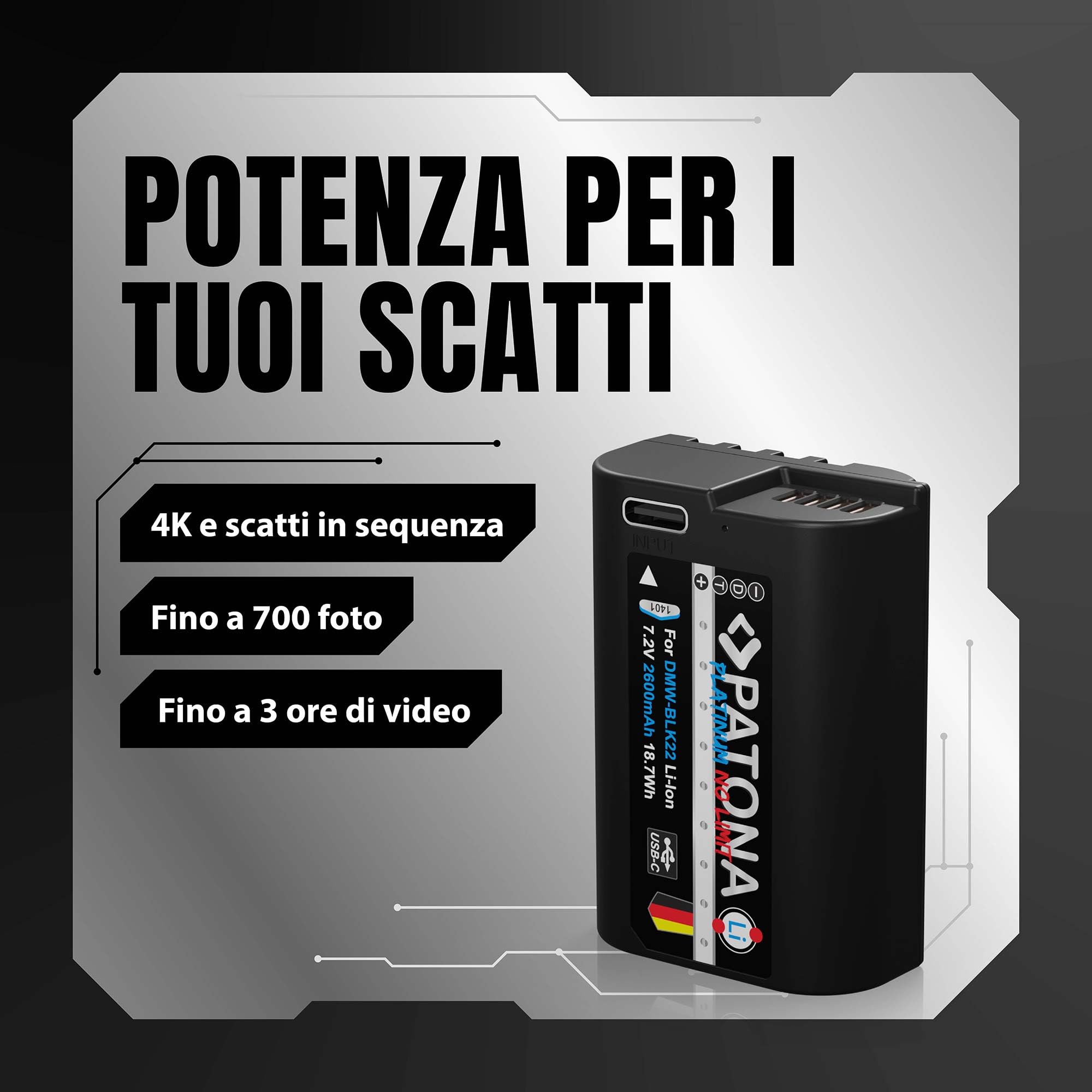 PATONA Platinum DMW-BLK22 Batteria 2600mAh con USB-C – ricambio per Panasonic DMW-BLK22 – per Lumix S5 II/IIX S5 S9, G9 II, GH5 II GH5S, GH6, GH7 – si ricarica via cavo, ideale per video 4K/6K