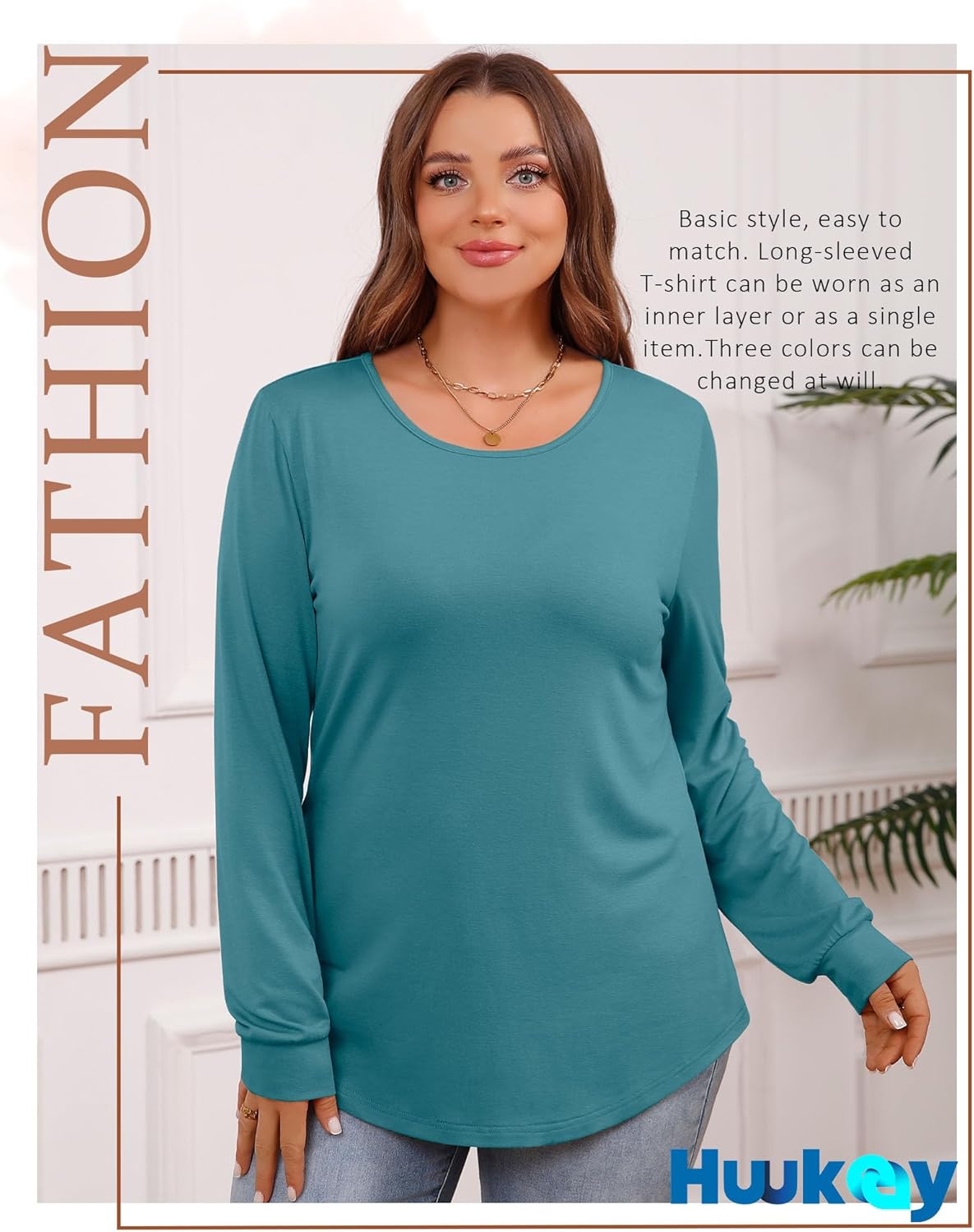 Huukeay 3 Pack Women Plus Size Long Sleeve Tops Loose Fit Tunic Shirts Crewneck Basic Tops Curved Hem Casual T Shirts - Image 5