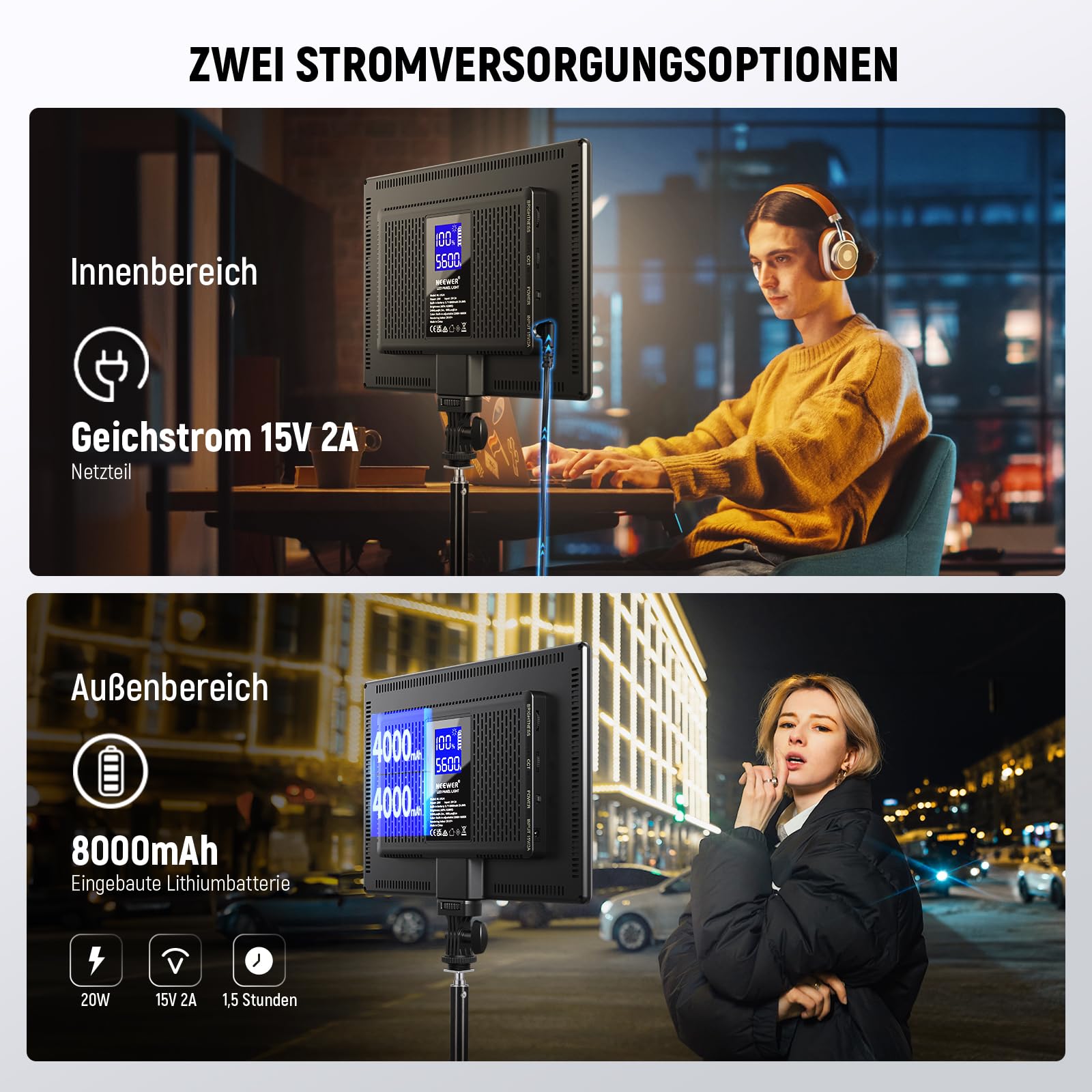 NEEWER 192 LED Panel Videolicht, 20W Ultra dünn Bi Farbe Dimmbar DSLR Kamera Soft Light, 8000mAh Eingebauter Lithium Akku, 3200-5600K CRI97+, Key Lighting für Studio Fotografie Aufnahme Streaming