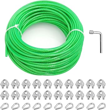 3/16" Clothes Line Outdoors, 100 ft PVC Coated Steel Cable Clip Kit