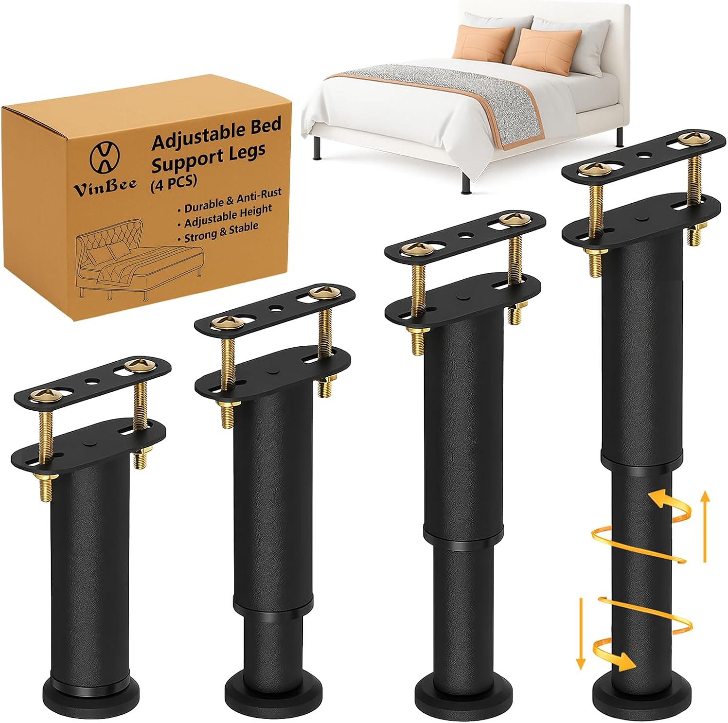 VinBee Bed Support Legs,Adjustable Bed Legs 7.08–13 inch,Adjustable Furniture Legs Heavy Duty Bed Frame Support Leg Replacement for Furniture & Platform Slat Supports 4 Pack