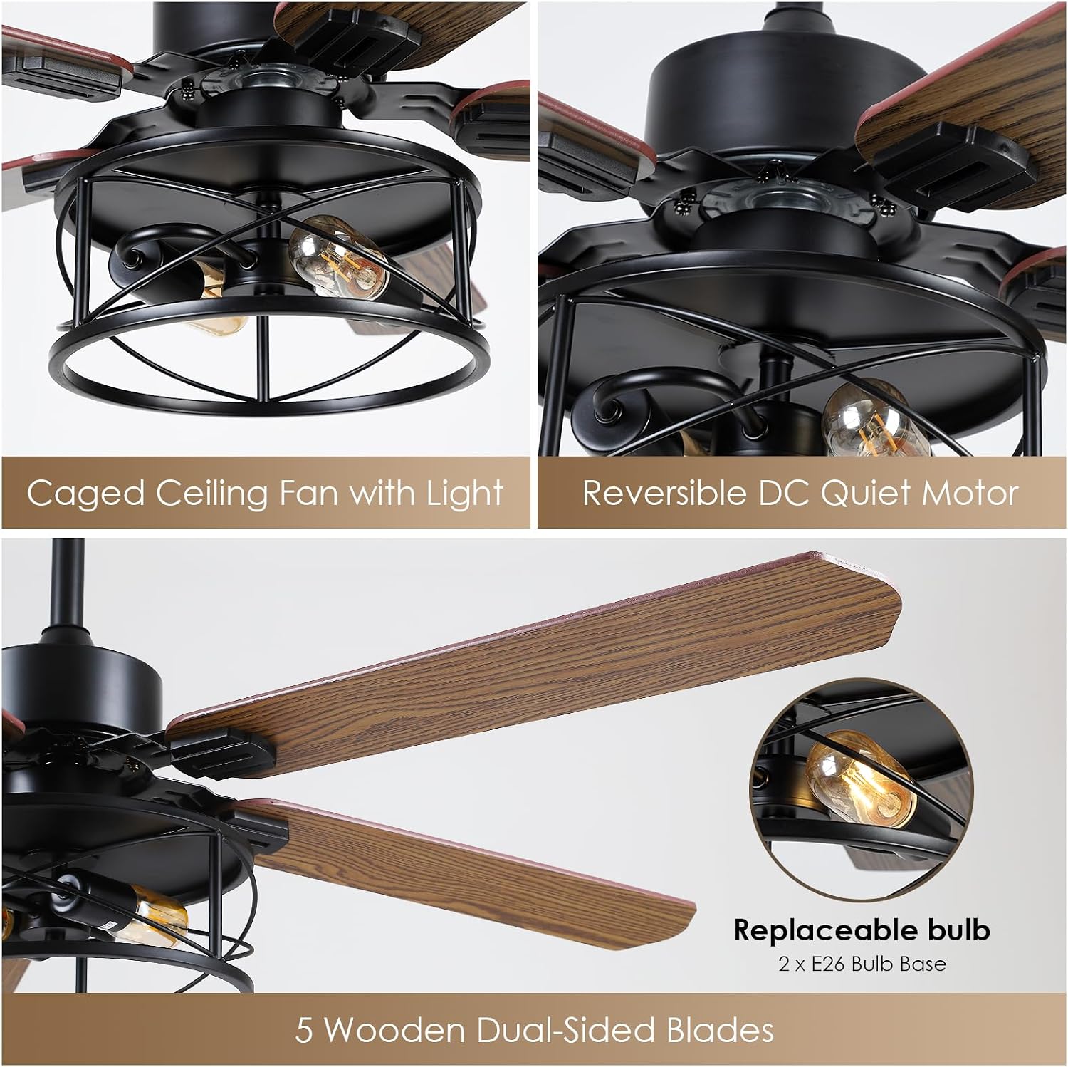 Close-up of caged light, reversible DC quiet motor, replaceable E26 bulb, and 5 wooden dual-sided blades