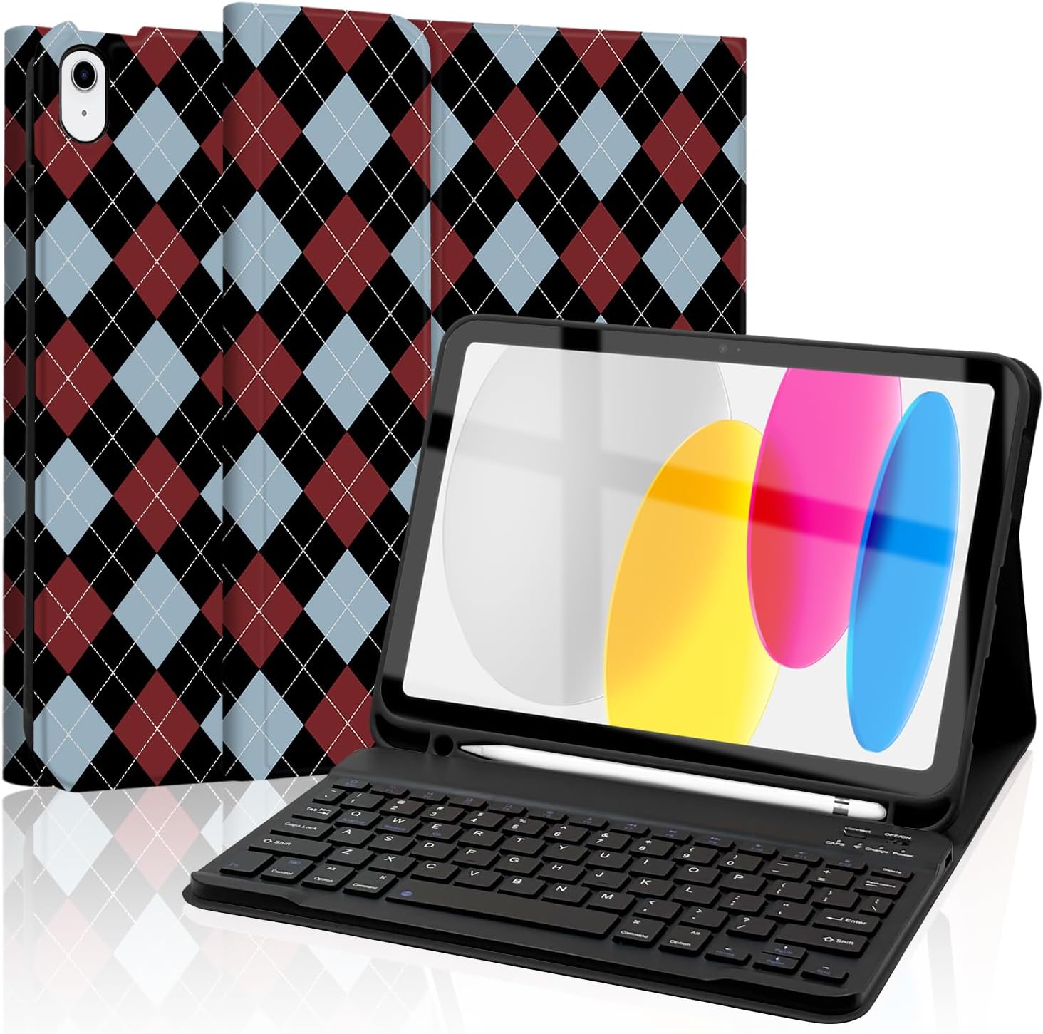 Keyboard Case for iPad 11th 10th Generation with Pencil Holder, Wireless Keyboard Cover for 11th A16 11-inch 2025, 10th Gen 10.9 Inch 2022, Diamond Checkered Plaid Black-SkyBlue-Wine