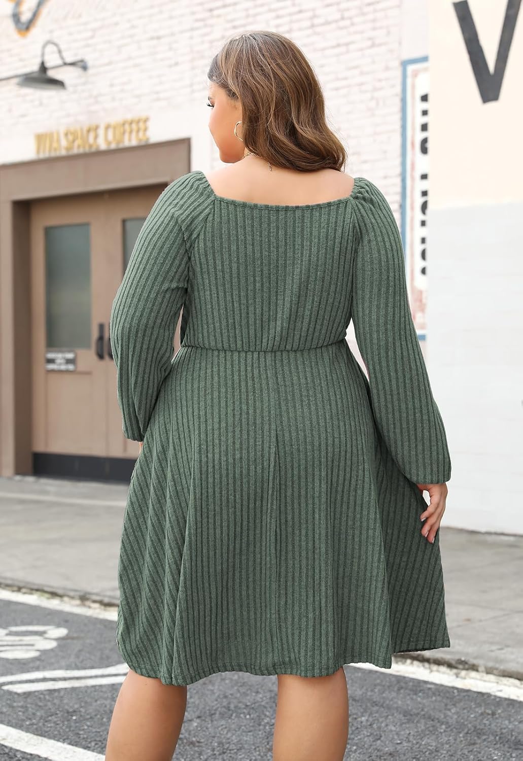 Nemidor Womens Plus Size Casual Fall Dress Square Neck Long Sleeve Ribbed Swing Sweater Dresses with Pocket - Image 6