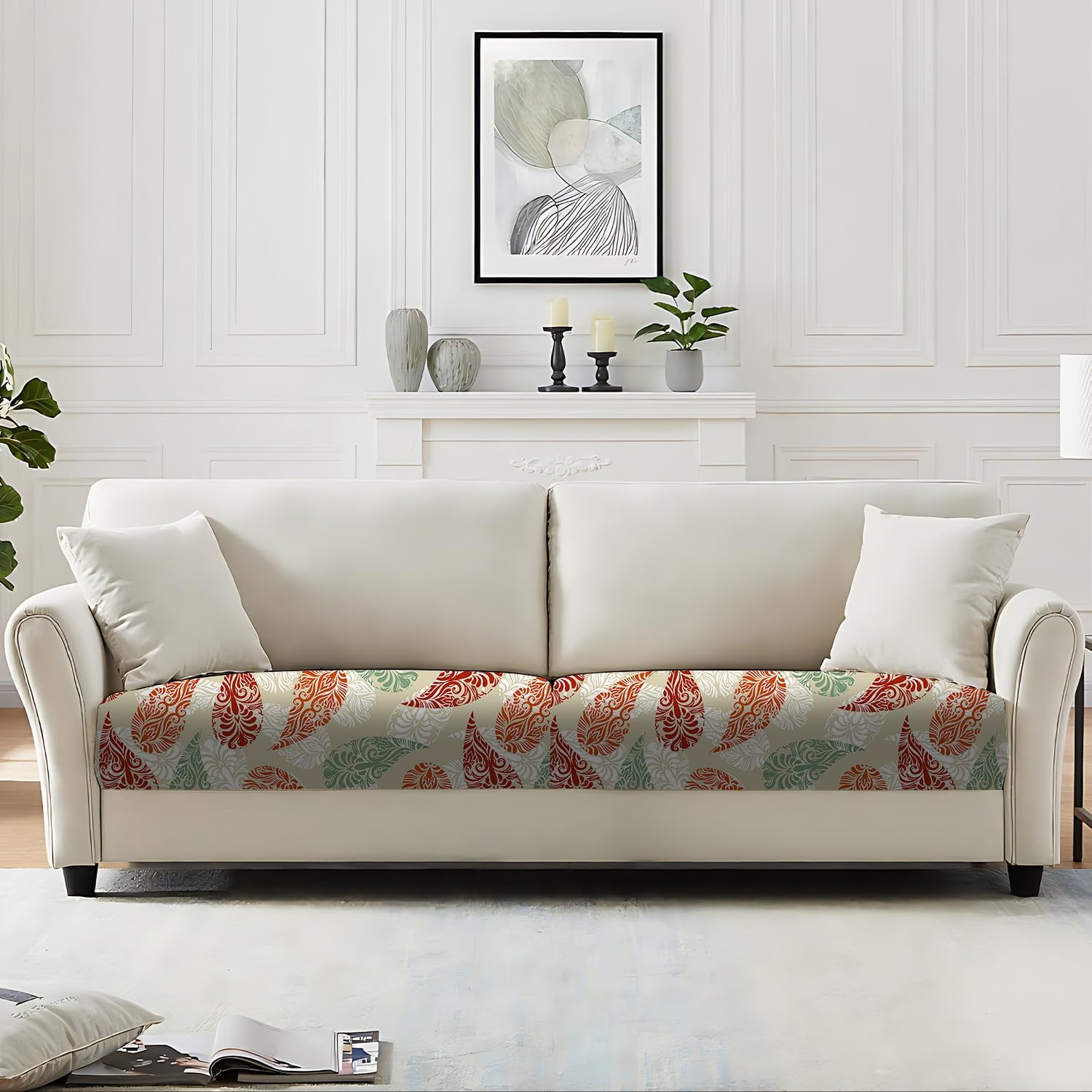 2pcs Allover Leaf Vein Pattern Printed Couch Cushion Covers - Washable Stretchy Replacement Covers for Sofa Seats, Non-Slip Sofa Slipcovers Pets Friendly Indoor Decor