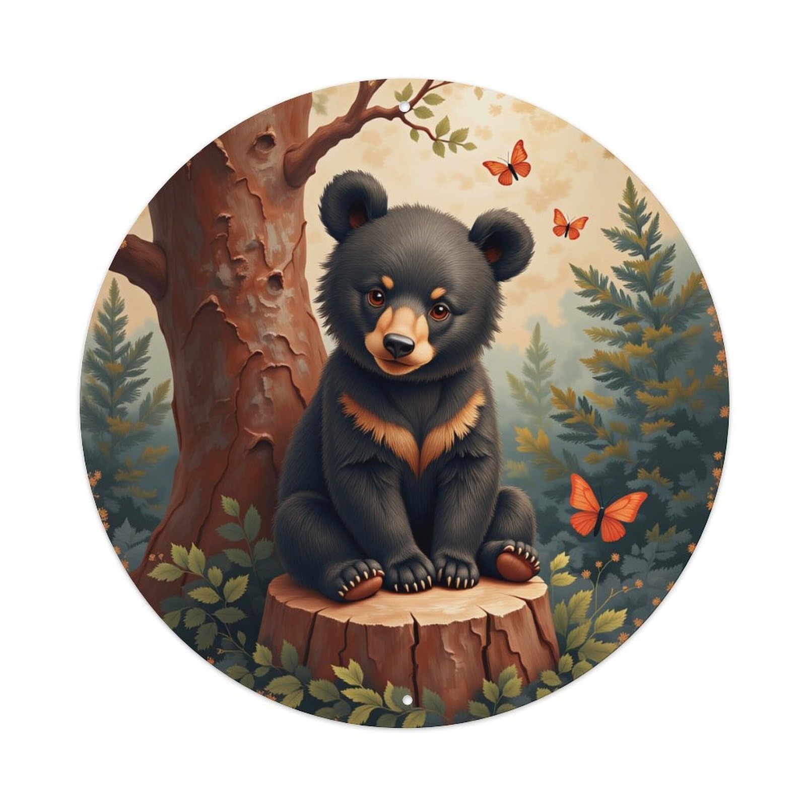 Bear Cub Forest Butterflies Tree Metal Tin Sign Plaque