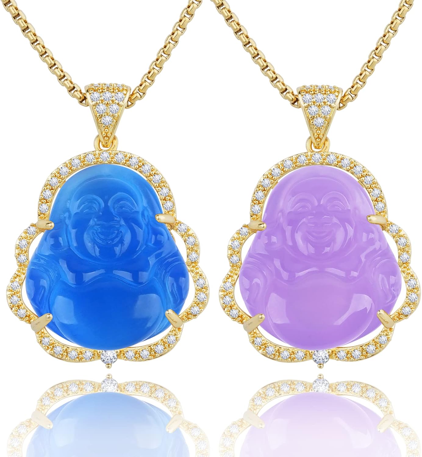 Buddha Necklace Jade Laughing Buddha Pendant with 14K Gold Plated Chain Cubic Zirconia Buddah Necklaces for Women Men