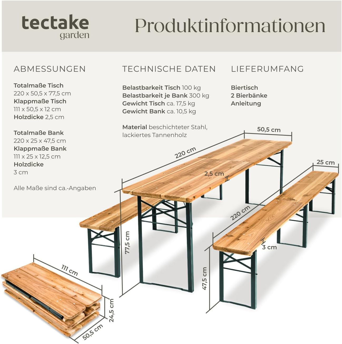 Diagram showing the dimensions and technical specifications of the tectake beer garden set.
