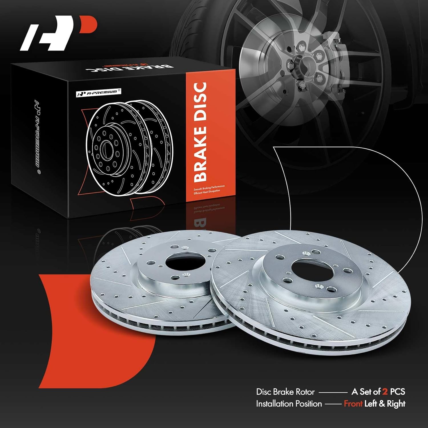 A-Premium 12.99 inch (330mm) Front Drilled and Slotted Disc Brake Rotors Compatible with Select Honda and Acura Models - Pilot 2009-2015, MDX 2007-2013, RLX 2014-2020, ZDX 2010-2013, 2-PC Set