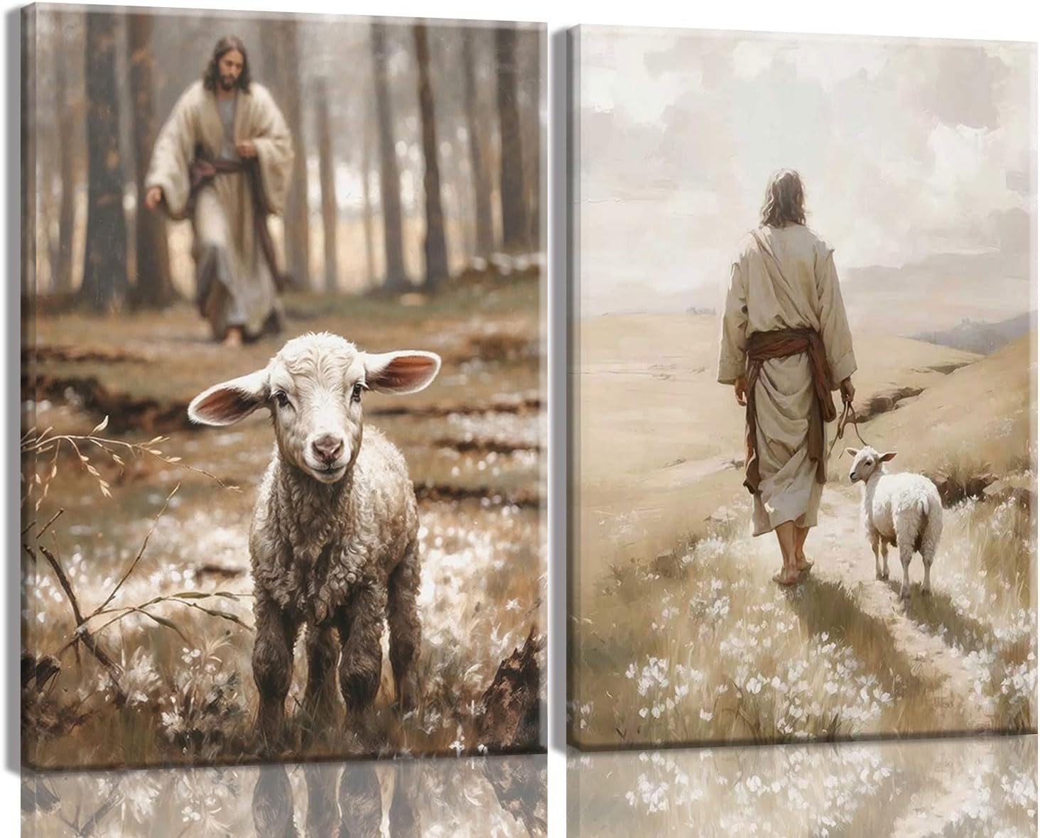Jesus And Lamb Canvas Wall Art Set Of 2 Christian Scripture Wall Decor Pictures The Lost Sheep Poster Canvas Print Running Jesus After Lost Lamb Pictures for Living Room Bedroom Framed