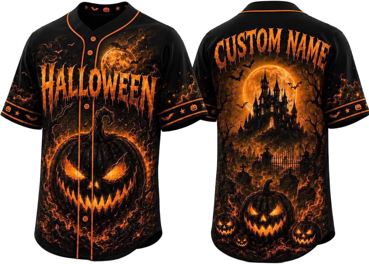 Custom Halloween Baseball Jersey for Men Women, Pumpkin Haunted House Shirt