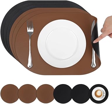 comfoyar Faux Leather Oval Placemats with Coasters Set of 6, 12x18 Inch Non-Slip Heat Resistant Dual-Sided Brown Black Place Mats, Waterproof Table Mats for Kitchen Dining Party Table Decoration