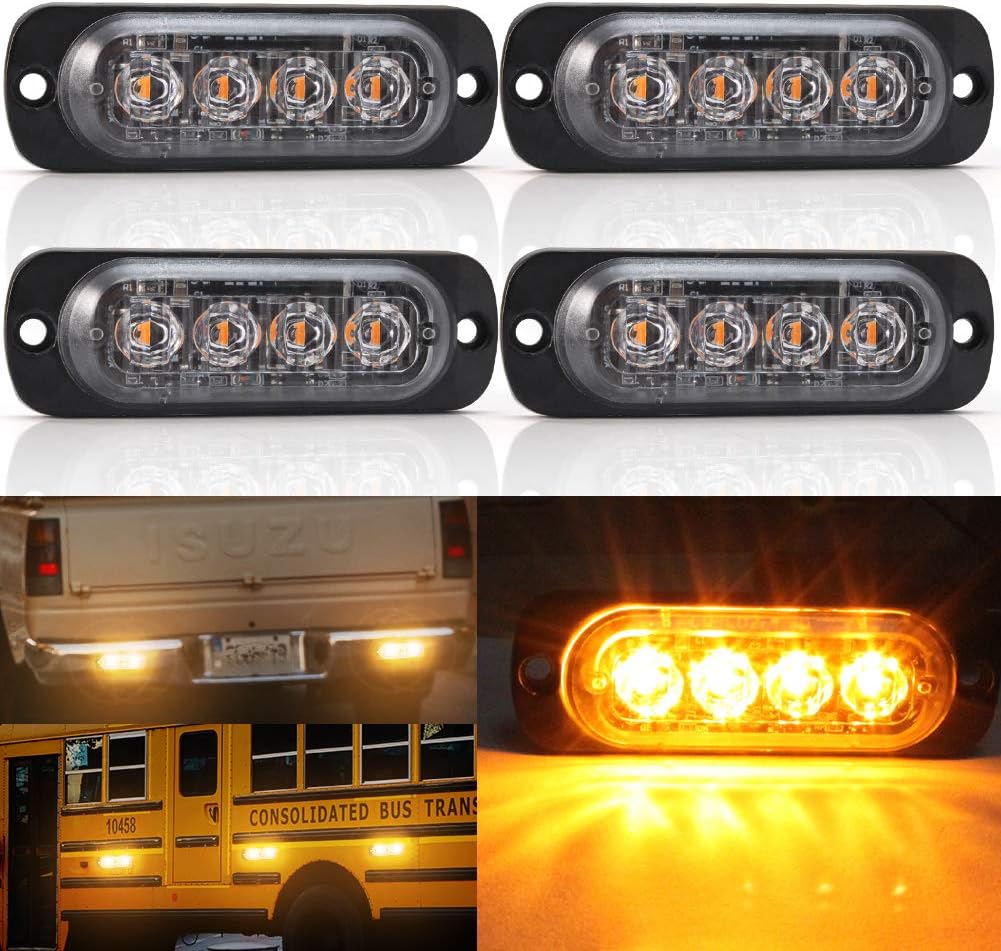 4 x Flashing Side Lights,4 LED Emergency Hazard Warning Strobe Light Breakdown Beacon Light Bar Amber Waterproof 12W 12V/24V Universal for Car Truck Trailer Caravan