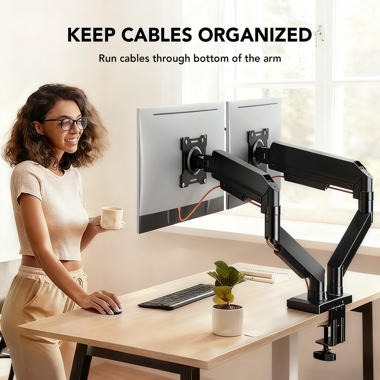 Hemudu Bras de Moniteur Double à Ressort Pneumatique, Support Double de Moniteur pour Bureau Réglable (jusqu'à 9kg) pour Écrans de 17 à 32 Pouces, Compatible avec VESA 75/100 mm, avec Écrou à C