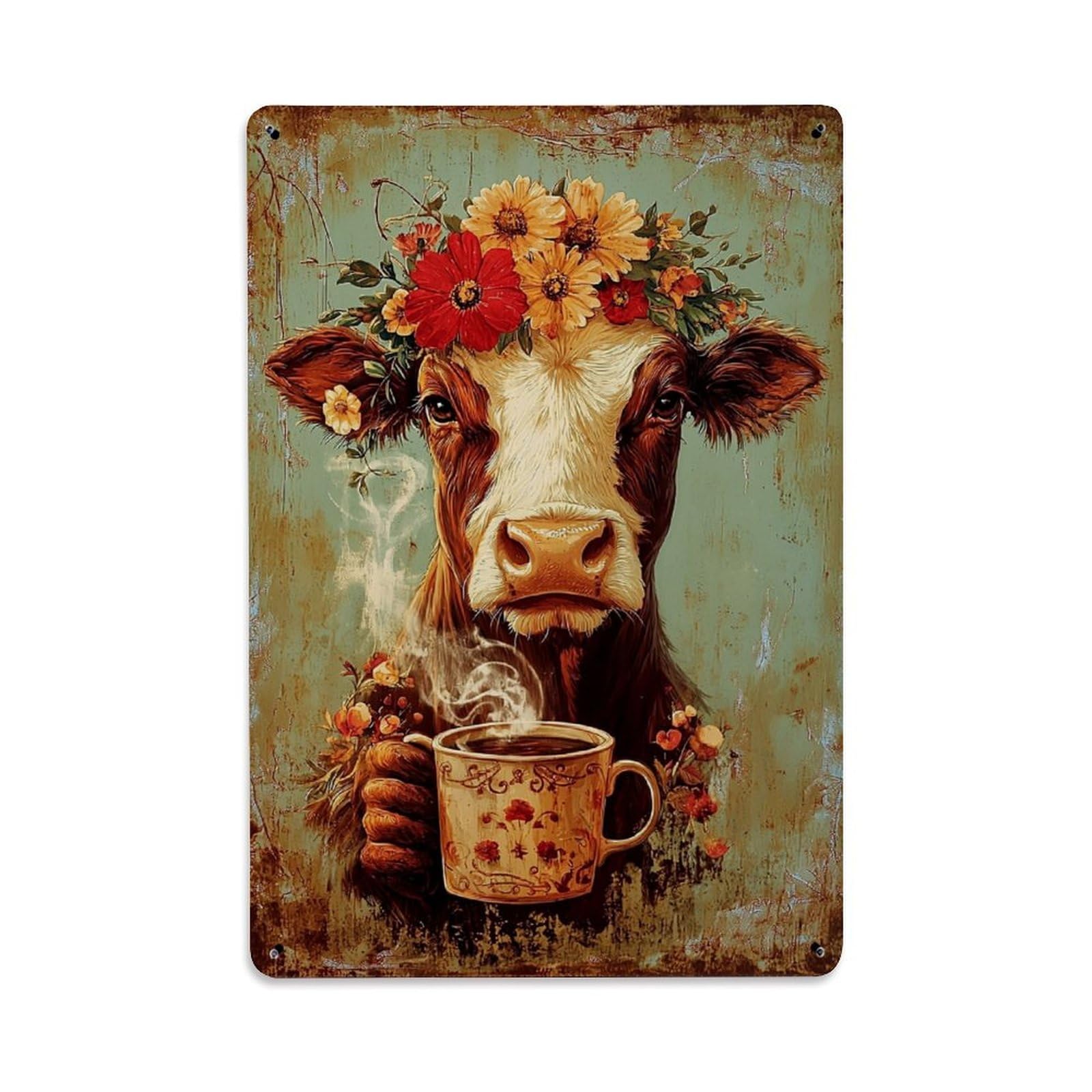 Jdfenggu Vintage Cow With Flowers And Coffee Retro Metal Tin Sign, Decor Art Poster For Bar, Home, Man Cave, Kitchen, Laundry Room Gift 8X12inch