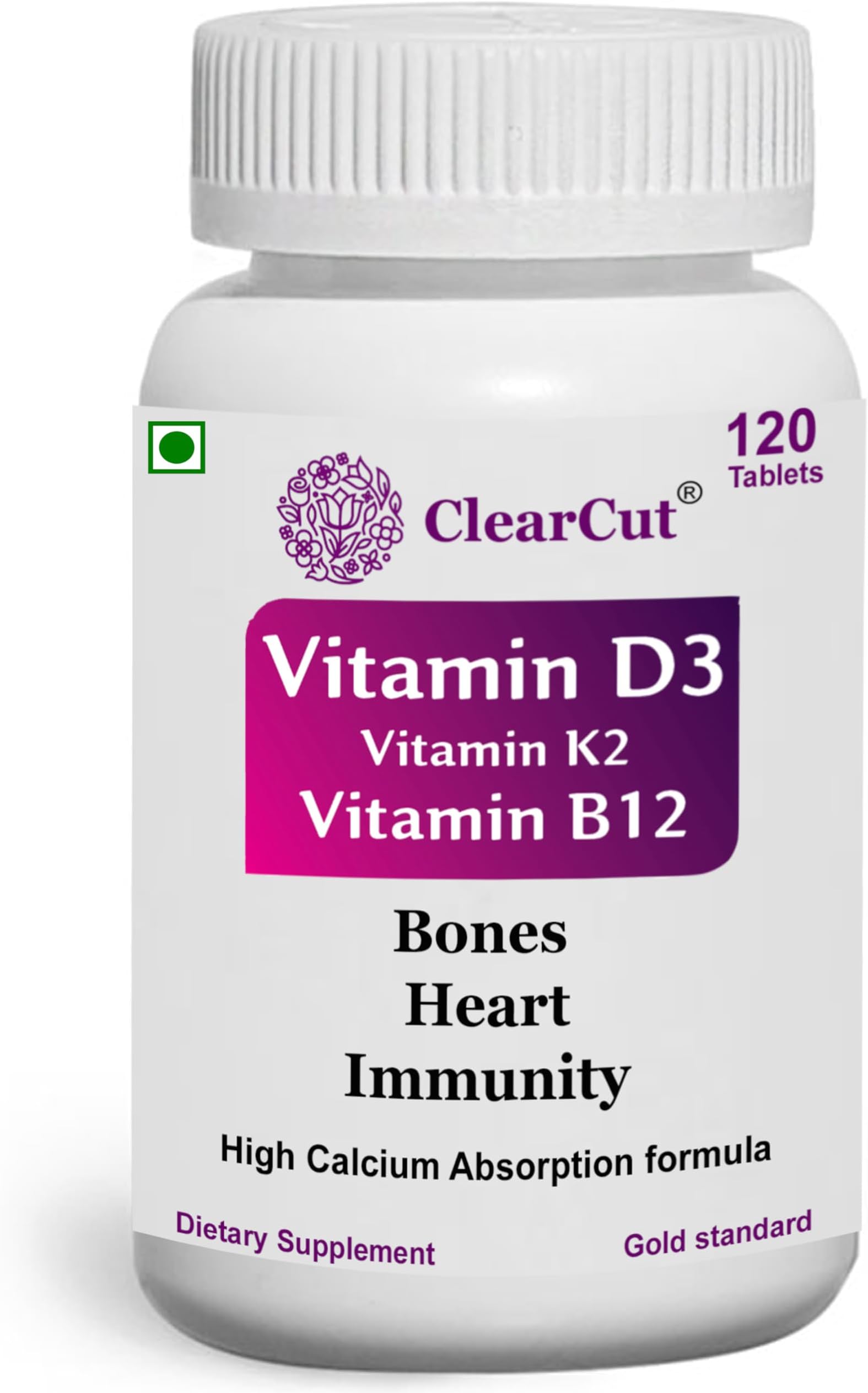 ClearCut Vitamin D3 K2 B12 Calcium tablet Joints bones Boosting Immunity supplement for men women 120