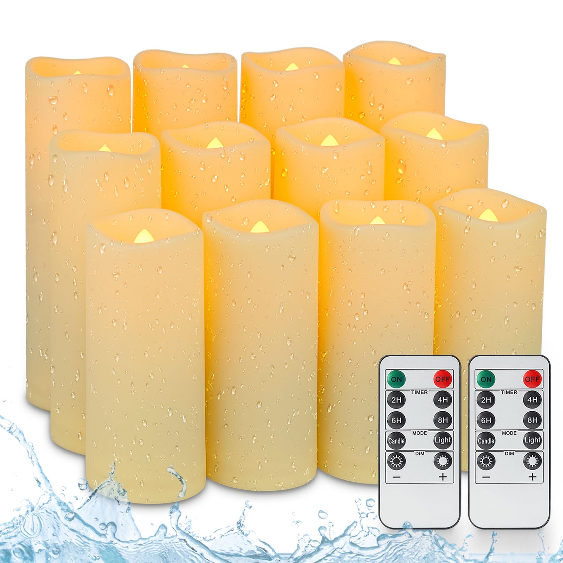 Fanna 12 Velas LED de plástico Resistentes al agua Marfil con 2 Mandos a Distancia, Velas a Pilas con Temporizador para Boda e Iglesia, Uso en Exteriores - Diámetro 5,5 cm, Alturas 12,5/15/ 18 cm