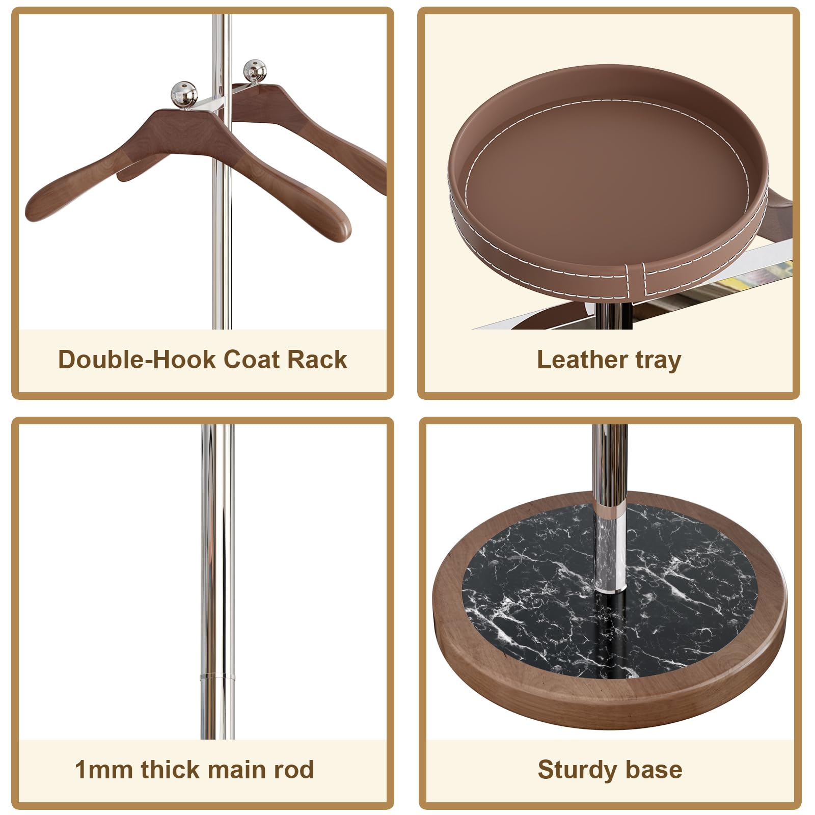 Soporte de metal con bandeja, soporte de valet para hombre con 2 perchas para trajes, soporte multifuncional con base resistente, para entrada, dormitorio