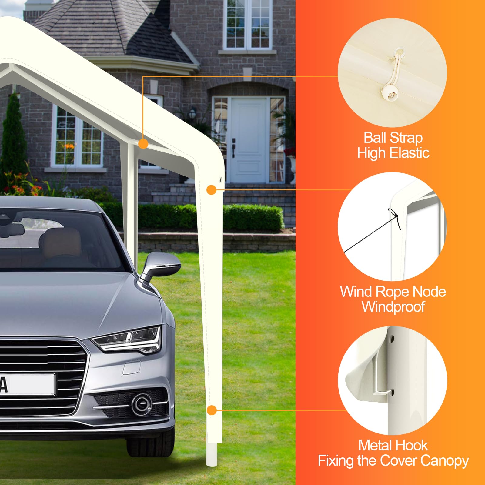 Carport Canopy 10'x20' Heavy Duty Replacement Cover, Garage Shelter Cover 800D Oxford Waterproof & UV Protected Tarp with Ball Bungees, Not Include Frame, White