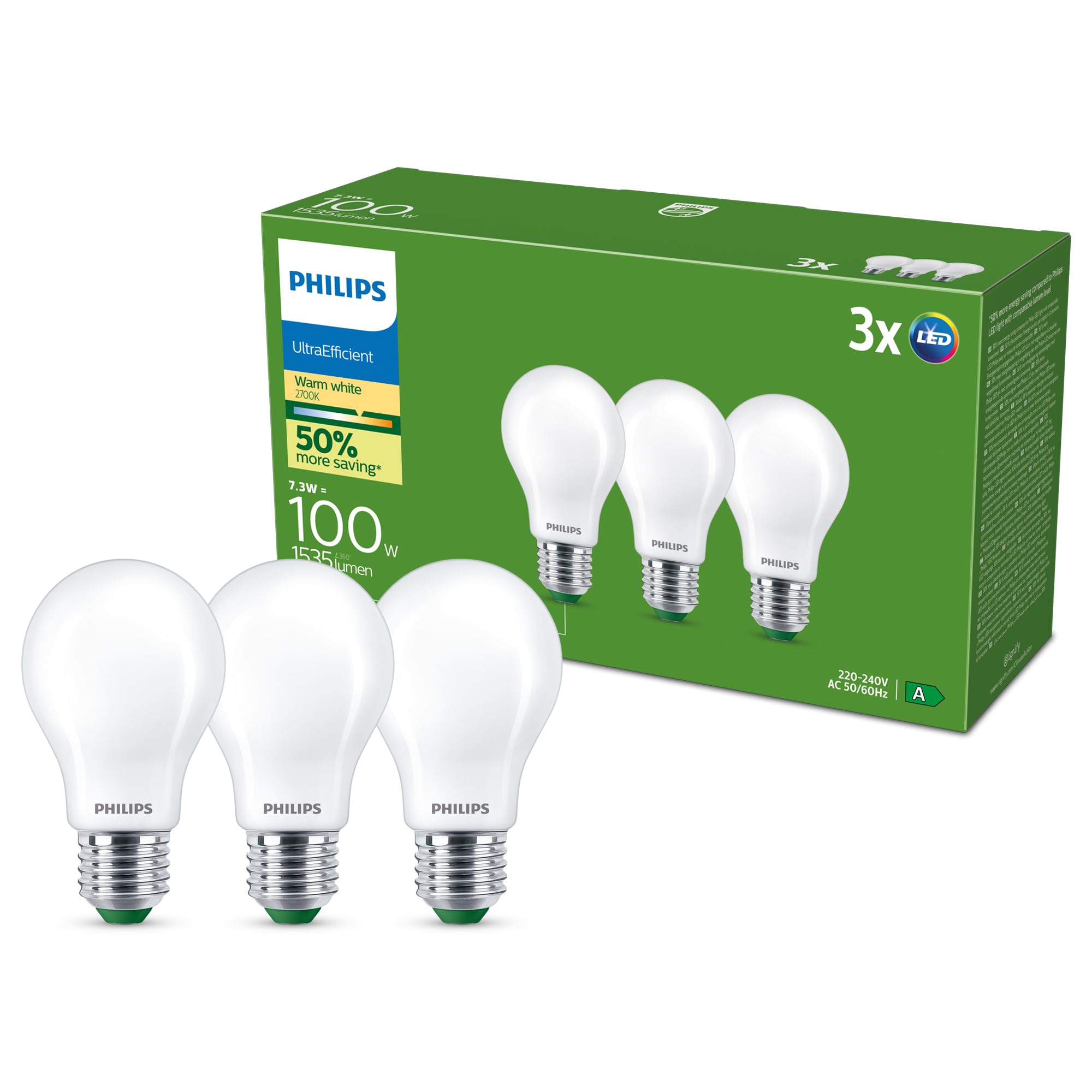 Philips Philips UltraEfficient LED Light Bulb, 3 Pack, A60, E27, 1535 Lumens, 100W, Energy Saving, EyeComfort, Long Lifetime, Warm White