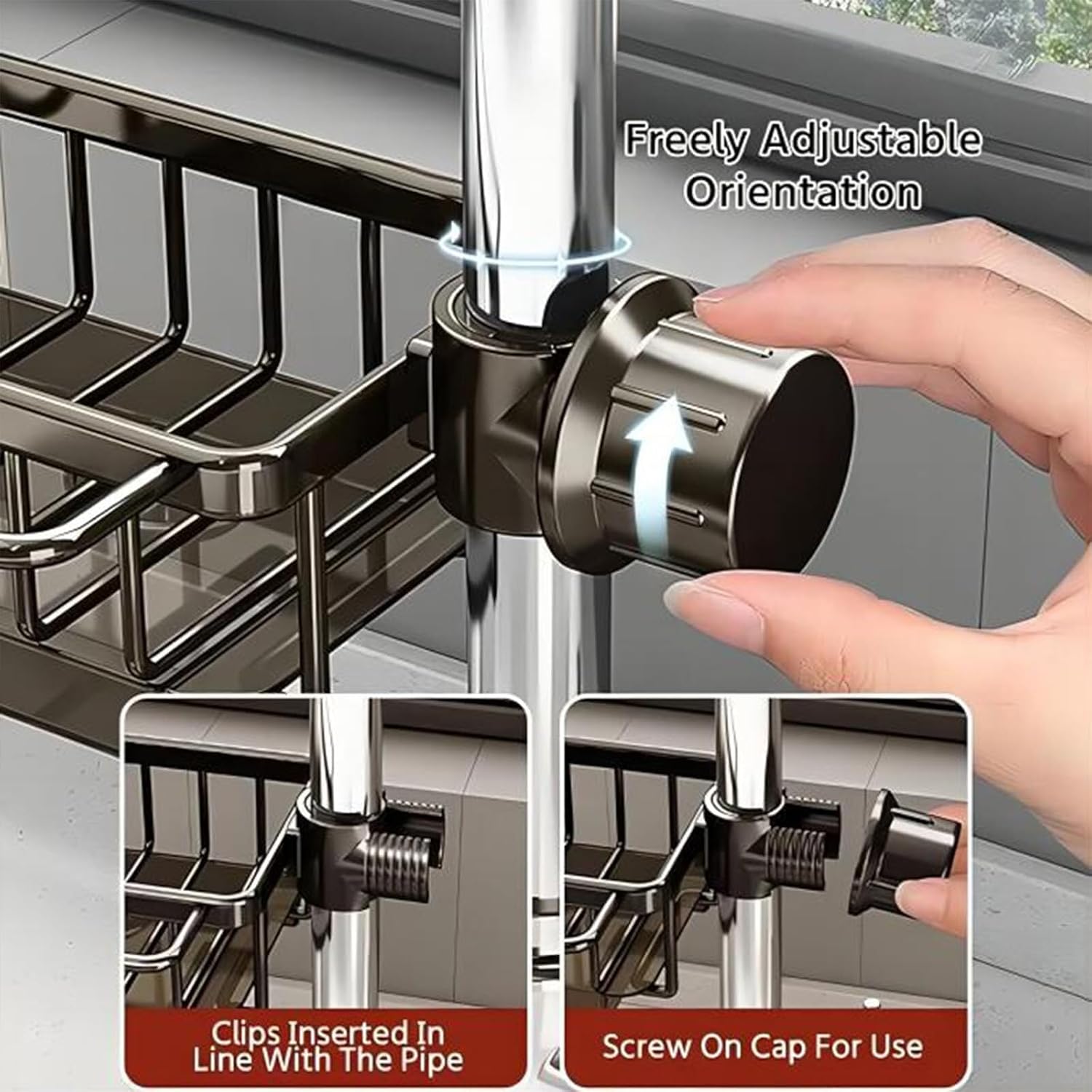 Kitchen Sink Faucet Organizer, Kitchen Sink Organizer Over Faucet, 360°Rotatable Faucet Sponge Holder with Drip Tray for 0.8-1.1inch Round Water Pipe, for Kitchen and Bathroom(Black,Right)