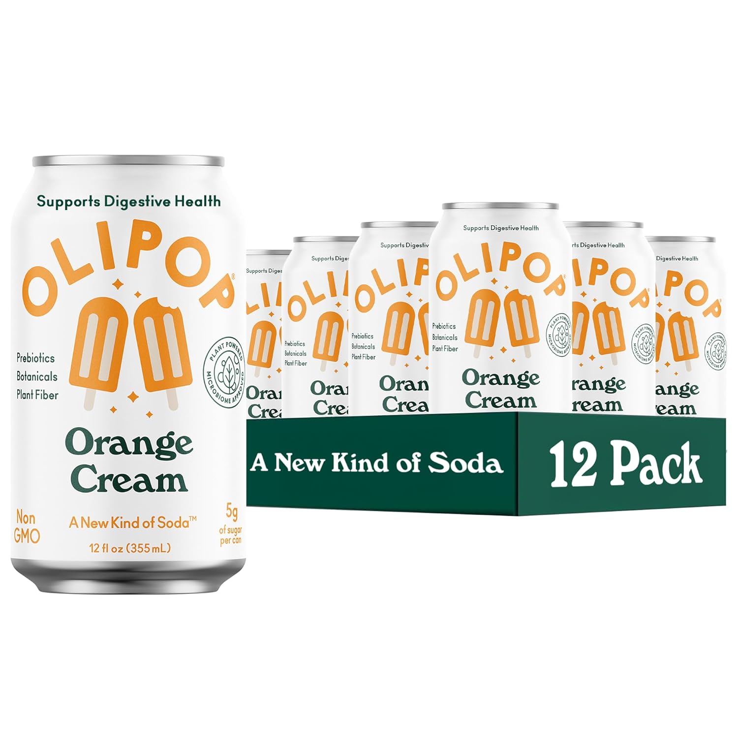 OLIPOP Prebiotic Soda Pop, Orange Cream, A New Kind of Soda Packed with Prebiotics, Fiber, and Botanicals, Gluten Free, GMO Free, 12oz (12-Cans)