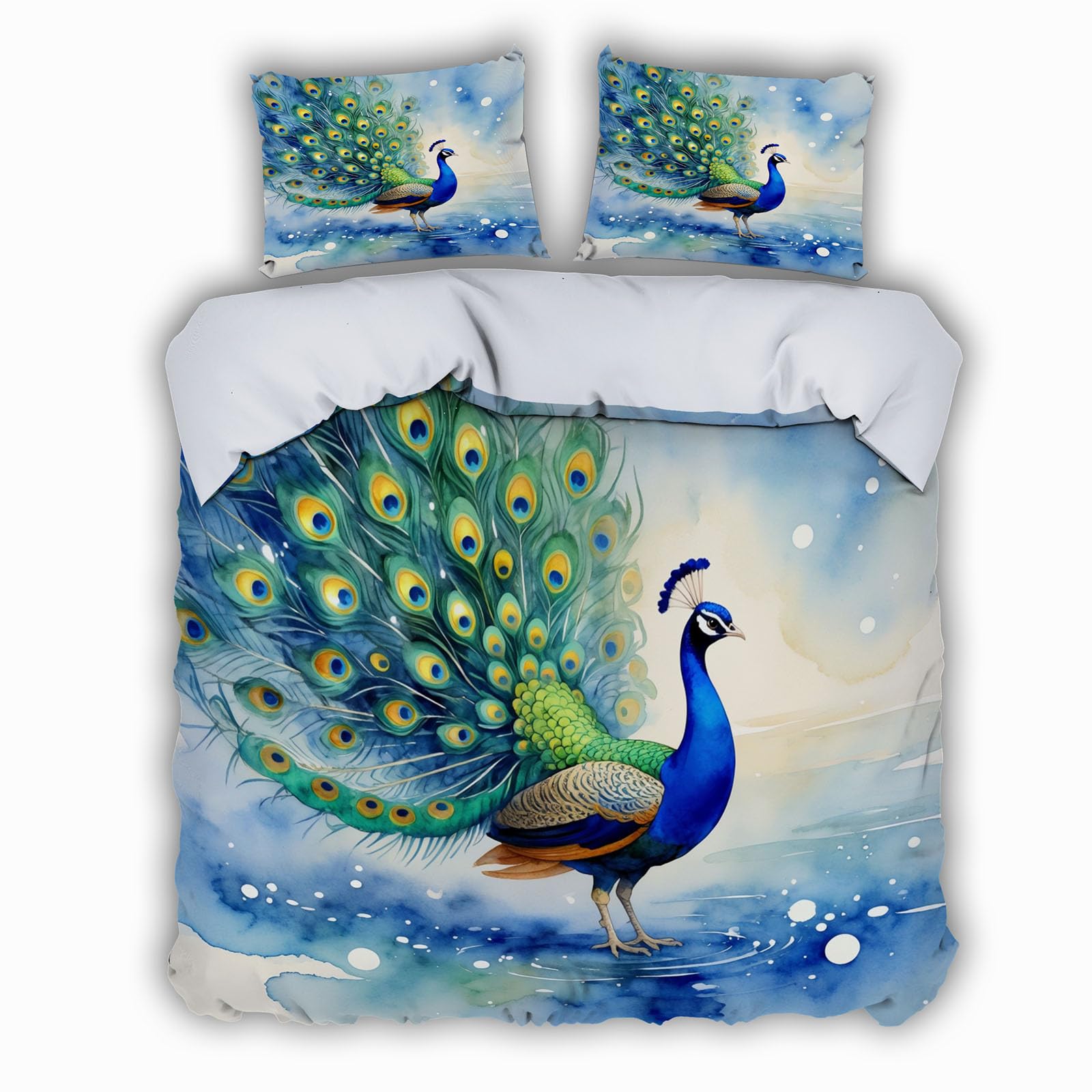 Housse de couette 200x200 paon 3D avec 2 taies d'oreiller microfibre