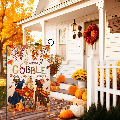 Miniatura 2 de BLKWHT Bandera de jardín de Acción de Gracias de otoño de 12 x 18 pulgadas, vertical, de doble cara, perro, pavo, calabaza, hojas de otoño,