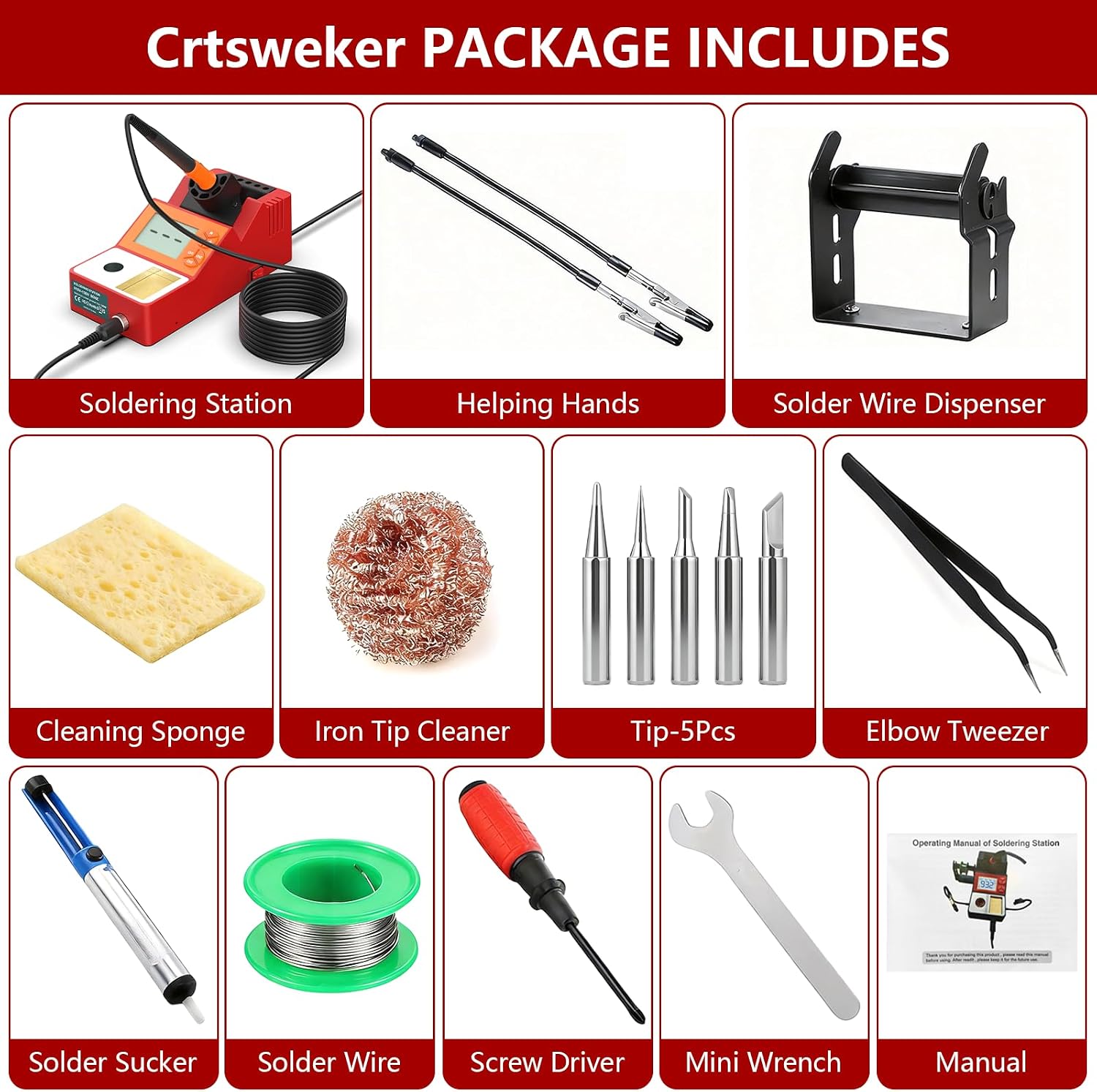 Soldering Station, Digital Display Soldering Iron Station Kit with 2 Helping Hands, 356°F-932°F, Auto Sleep, °C/°F Conversion, Red