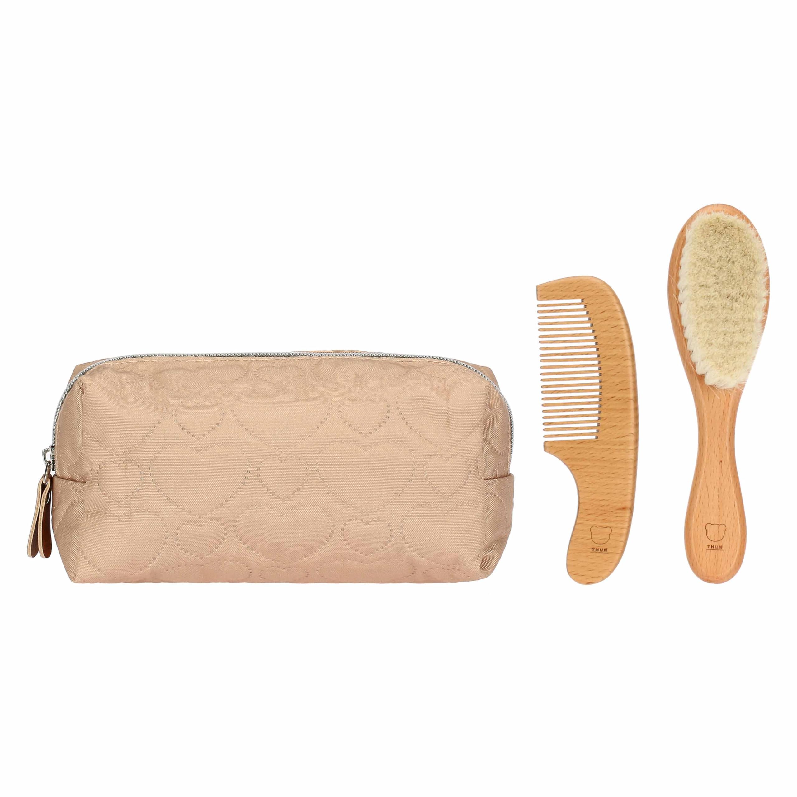 THUN - Cosmetic Bag for Baby Accessories - Cosmetic Bag: Outer 100% Polyester, Inside: 100% Polyester. Brush: Beech Wood and Goat Hair - Baby Dolce Fattoria Collection - 20 x 8 x 10 cm
