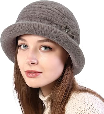 Women Winter Knit 1920s Vintage Bucket Bowler Hat Round Brim Warm Hat