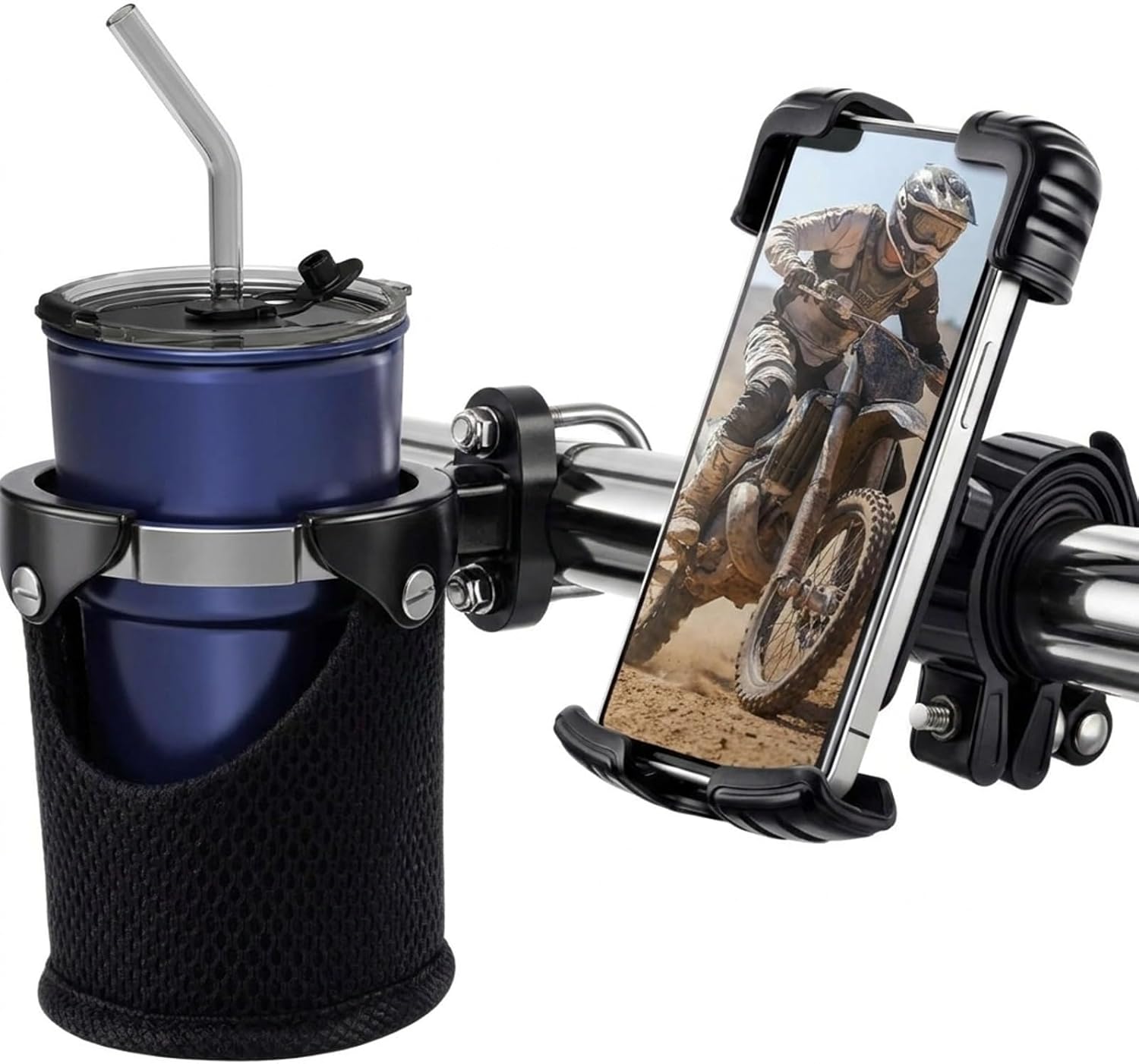 BBTO 2-in-1 Motorcycle Cup Holder Set 7/8'' to 1 1/4'' Bike Phone Holder 4.7 to 6.8" with 360°Swivel Ball-Mount Handlebar Phone Cup Clamp Cycling Accessories for ATV Utv Scooter Boat Black