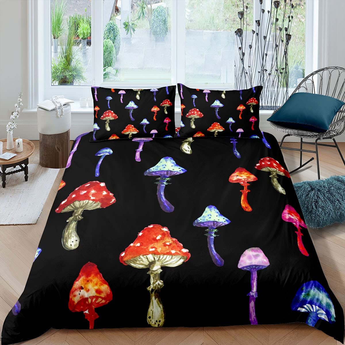Mushrooms Bedding Set Multicolor Cute Botanical Plants Duvet Cover for Kids Boys Girls Women Lovely Mushroom Comforter Cover Watercolor Bedding & Linen 3Pcs King Size