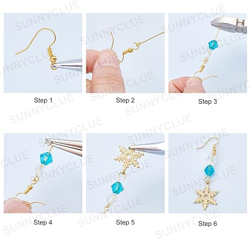 Miniatura 4 de SUNNYCLUE 1 caja de bricolaje para hacer 10 pares de aretes de copo de nieve, kit de iniciación, colgantes de aleación de copo de nieve, cuentas de