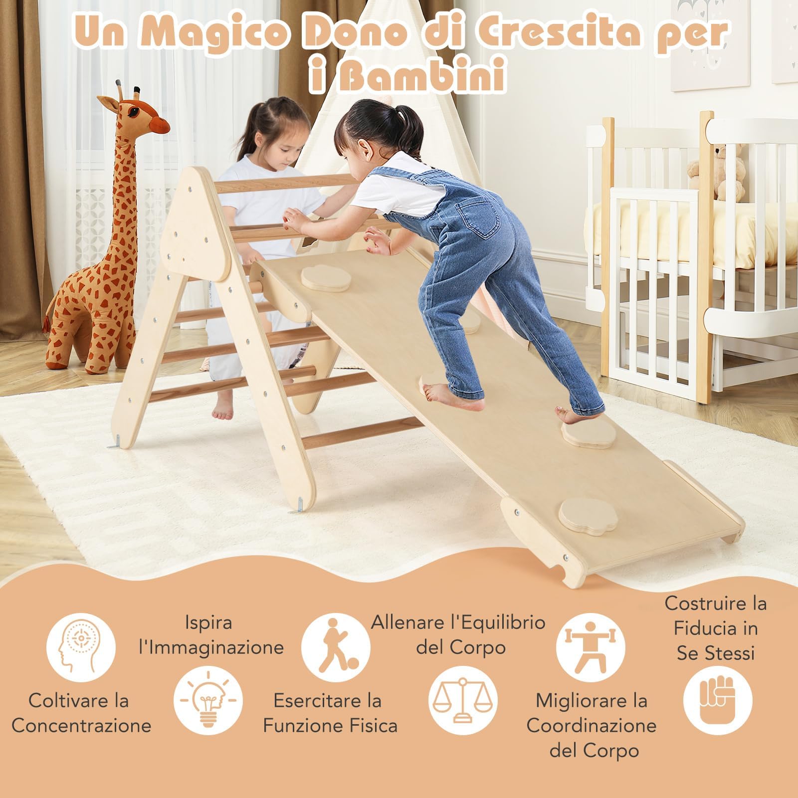COSTWAY 4 in 1 Set da Arrampicata per Bambini, Giocattoli da Arrampicata a Triangolo con Triangolo Arco e Salita, Ideale per Bambini 1 Anni + (Naturale)