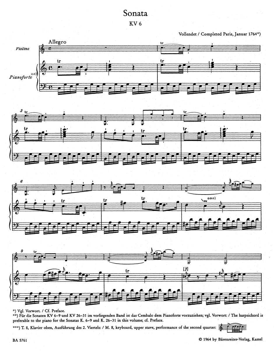 Sämtliche Werke für Klavier und Violine, Band 1 -Frühe Sonaten für Klavier und Violine 1764-1779-. Spielpartitur, Stimme: Urtext