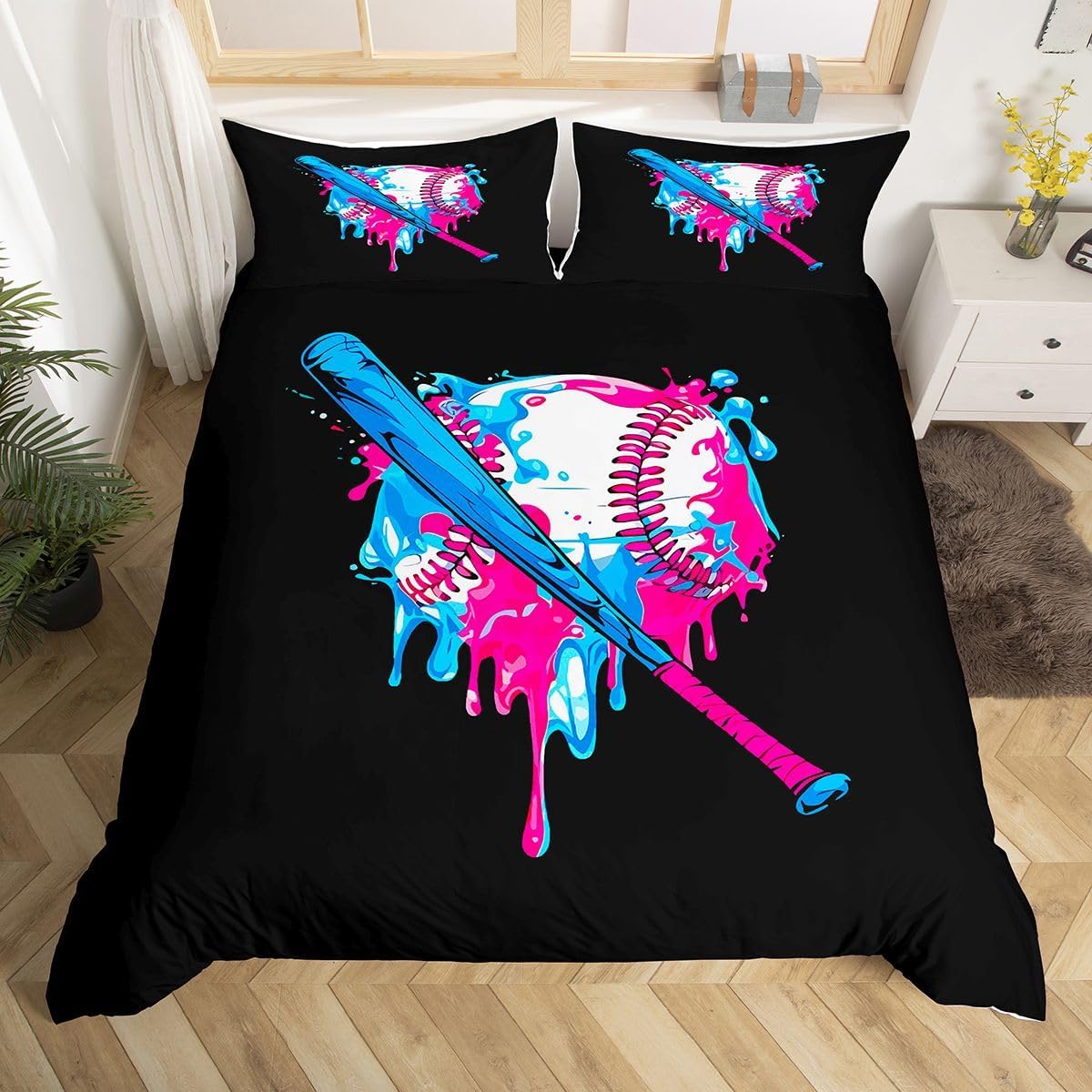 Full Size Baseball Duvet Cover Boys Girls Baseball Ice Cream Bedding Set For Kids Women Men Ultra Sports Theme Comforter Cover Teal Blue White Room Decor Bedclothes Breathable Microfiber Zipper