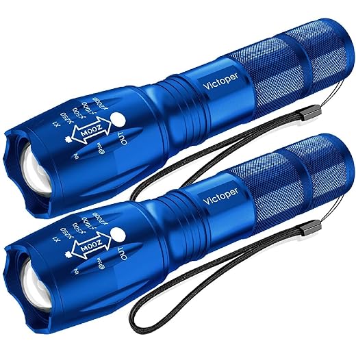 Victoper LED Flashlight 2 Pack Blue, Bright Tactical Torch High Lumens 5 Modes, Waterproof Zoomable Flash Light for Outdoor, Birthday Gifts for Men, Dorm Room Hiking Camping Essentials Gear for Guys