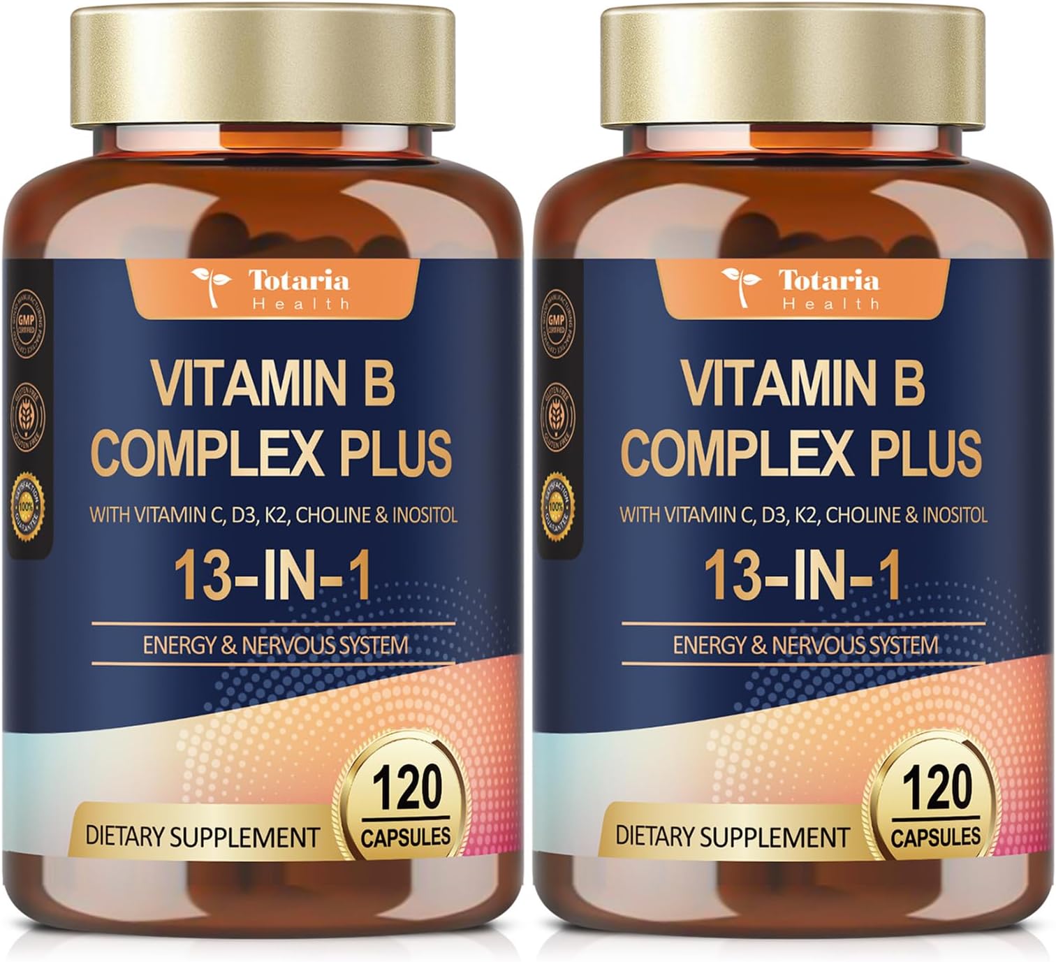 13-in-1 Vitamin B Complex Plus with Vitamin B1, B2, B3 (Niacin), B4, B5, B6, B7 (Biotin), B8 (Inositol), B9 (Folate), B12, C, D3, K2 for Energy, Nerve, Immune, Skin - 120 Caps per Bottle - 2 Bottles